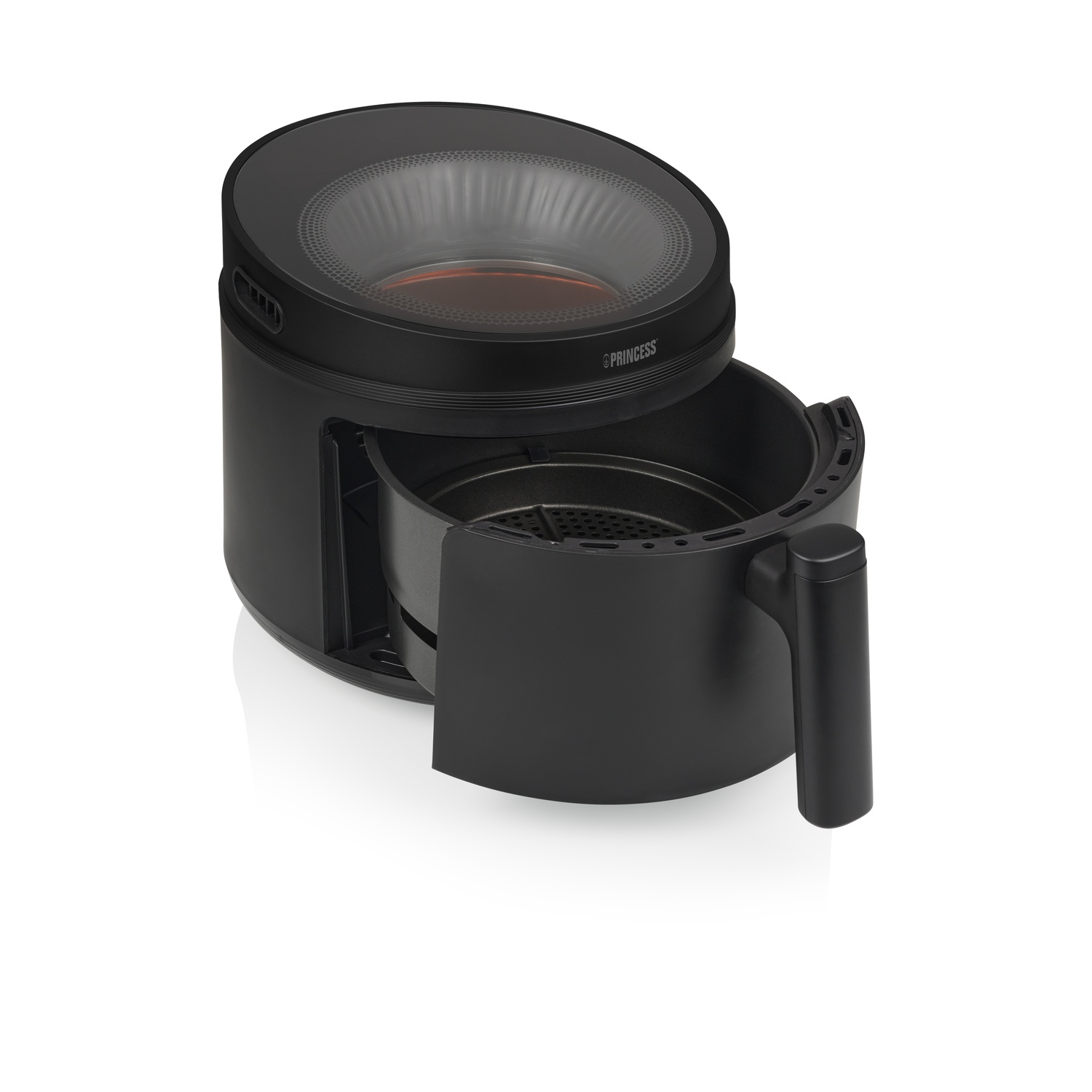 Black Princess air fryer, door open, showing the basket and the heating element. White background.
