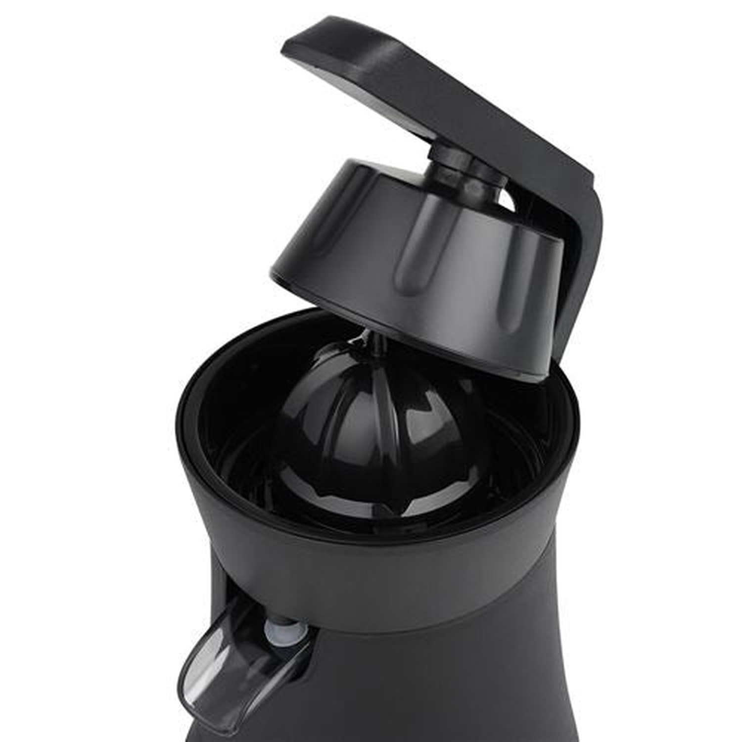A black citrus juicer with an open top. The juicer has a spout and a ribbed reamer inside a bowl.