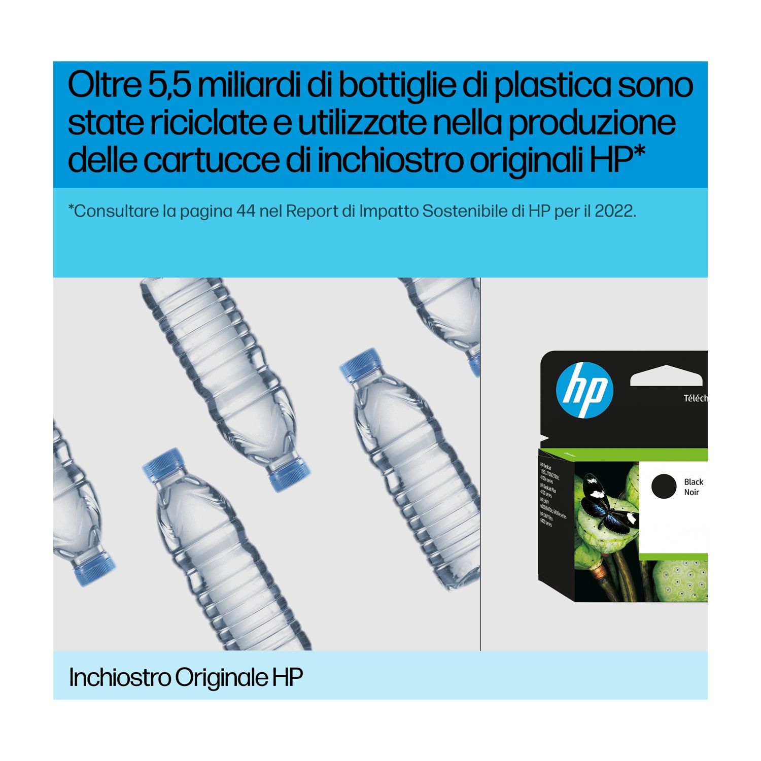 L'immagine mostra bottiglie d'acqua e una cartuccia d'inchiostro HP. Il testo indica che le bottiglie di plastica sono state riciclate per produrre cartucce.