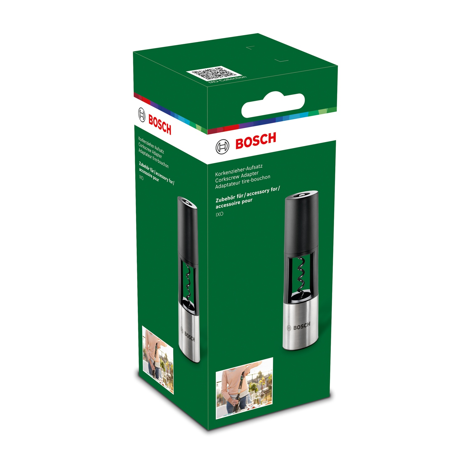 Una scatola Bosch verde e bianca con un adattatore per cavatappi. La scatola ha il logo Bosch e i dettagli del prodotto in più lingue.