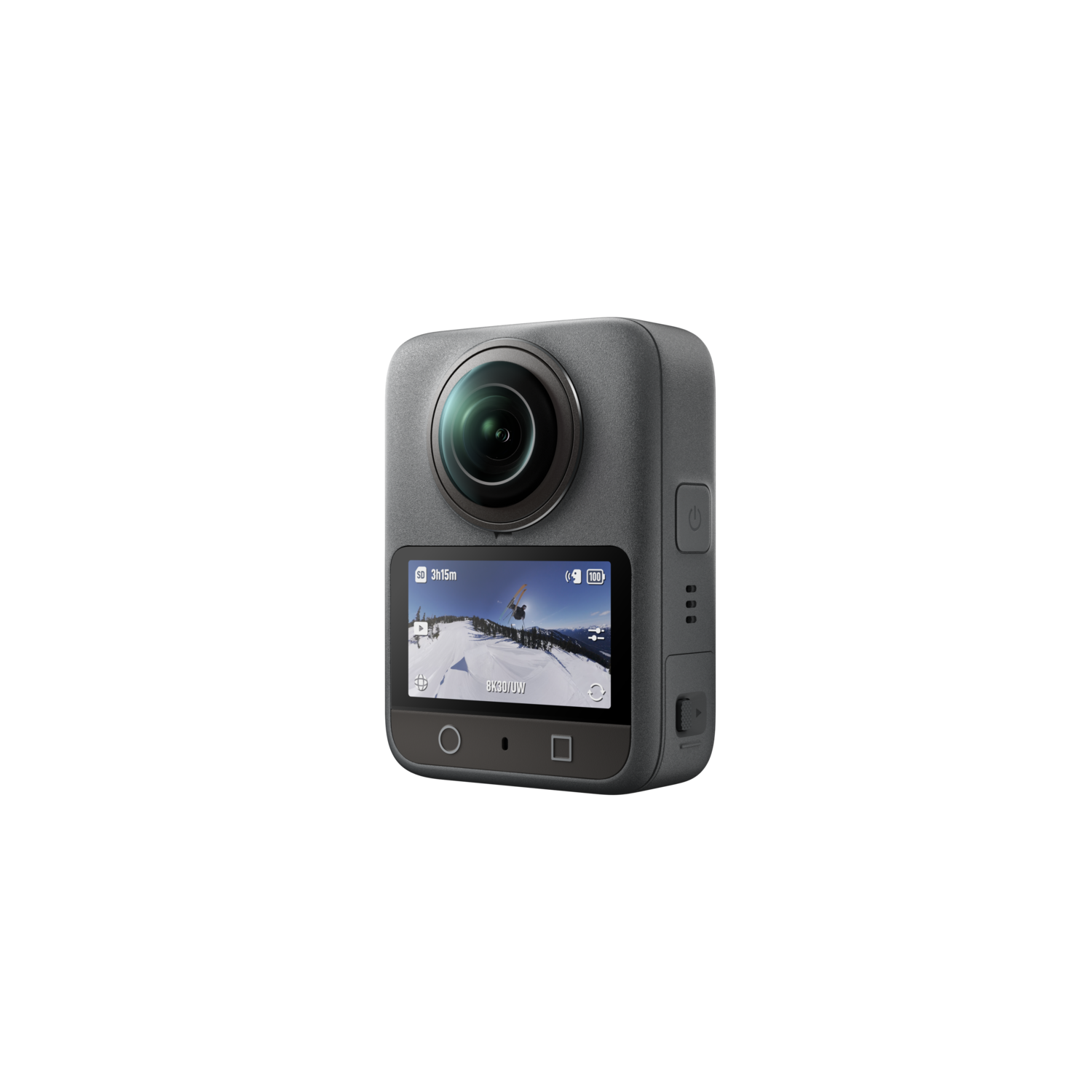 Een grijze action camera met een grote lens en een klein scherm met een besneeuwde bergscène. Knoppen aan de zijkant.
