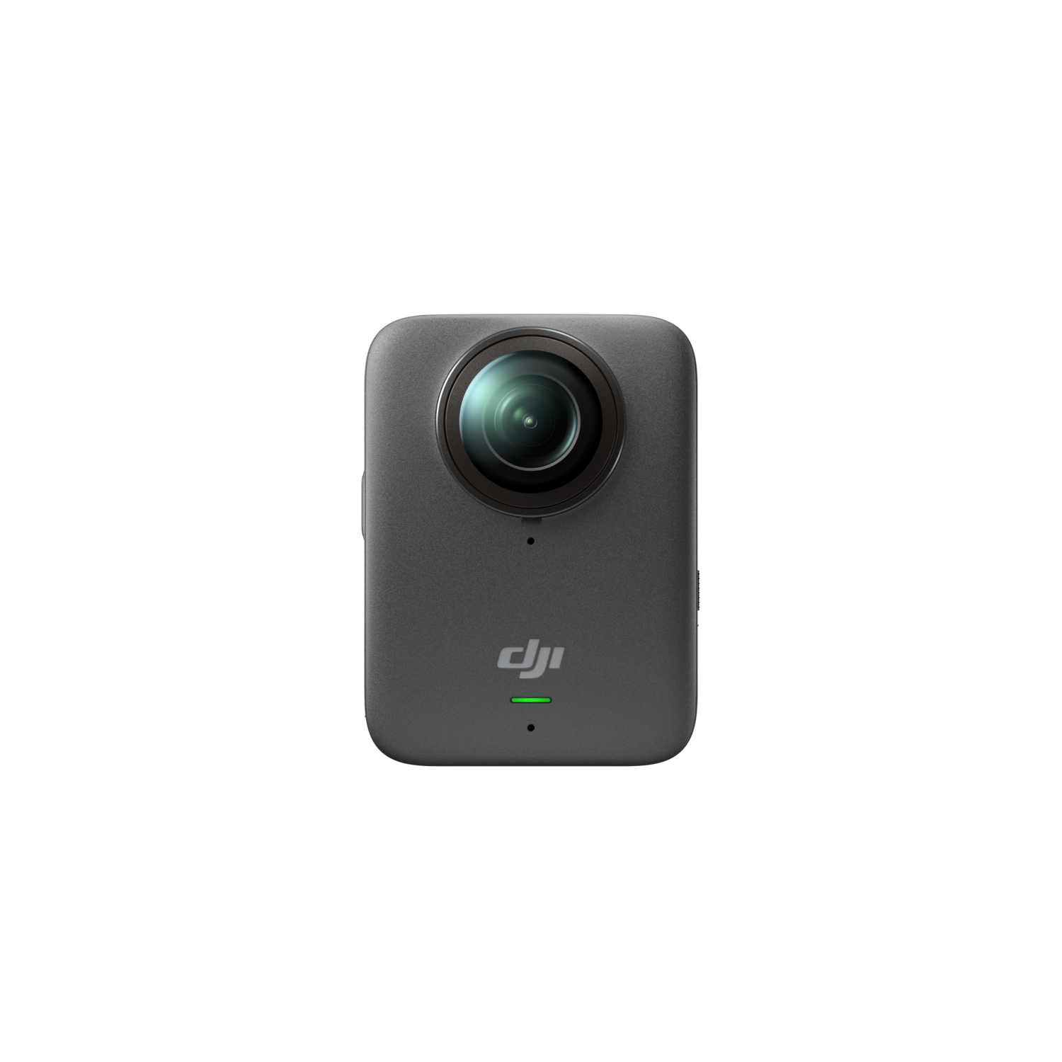 Een grijze actiecamera met lens en groen licht op zwarte achtergrond. Het DJI-logo is zichtbaar.