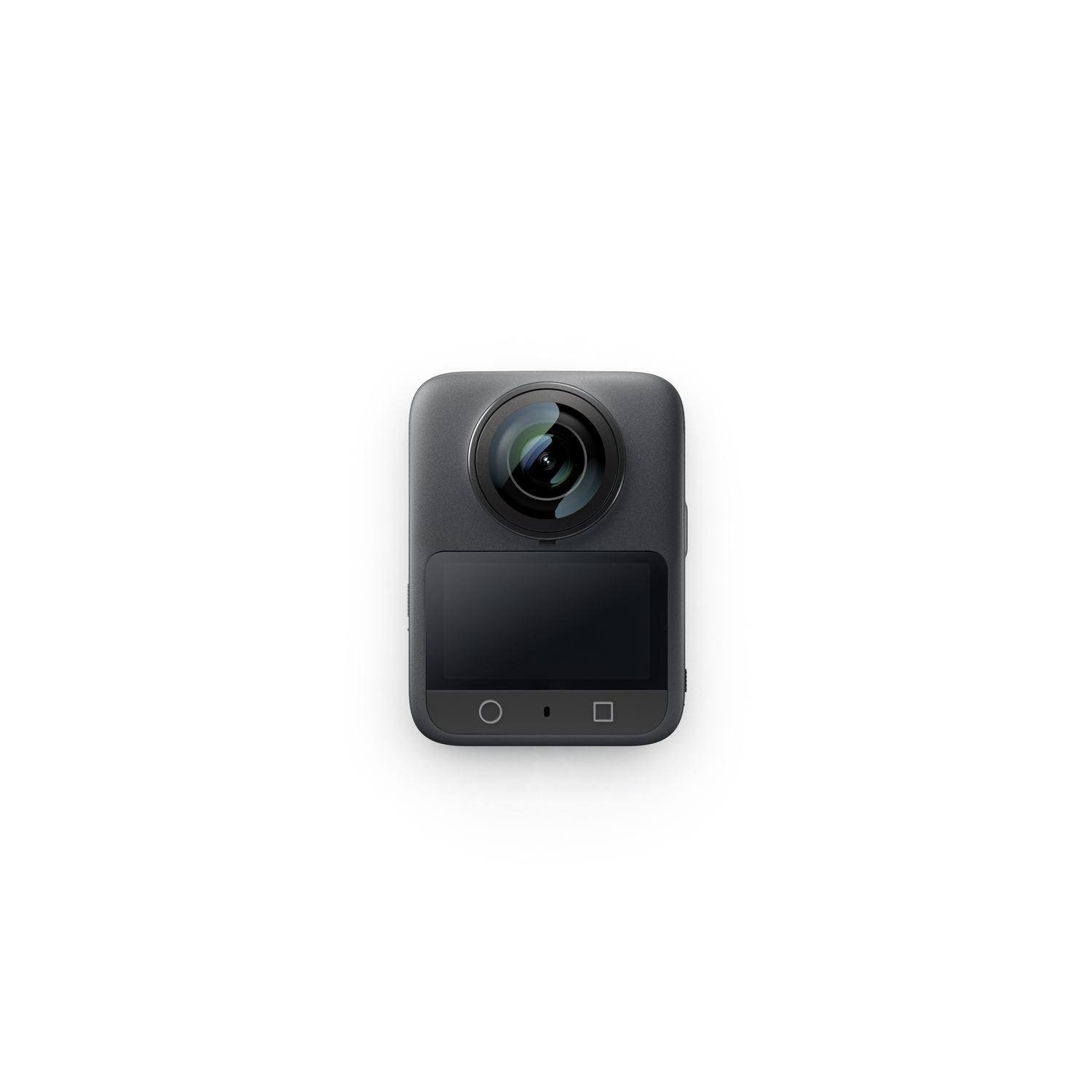 Een zwarte 360-graden camera staat in het midden. Het heeft een lens bovenop, een klein scherm en knoppen eronder. De achtergrond is wit.