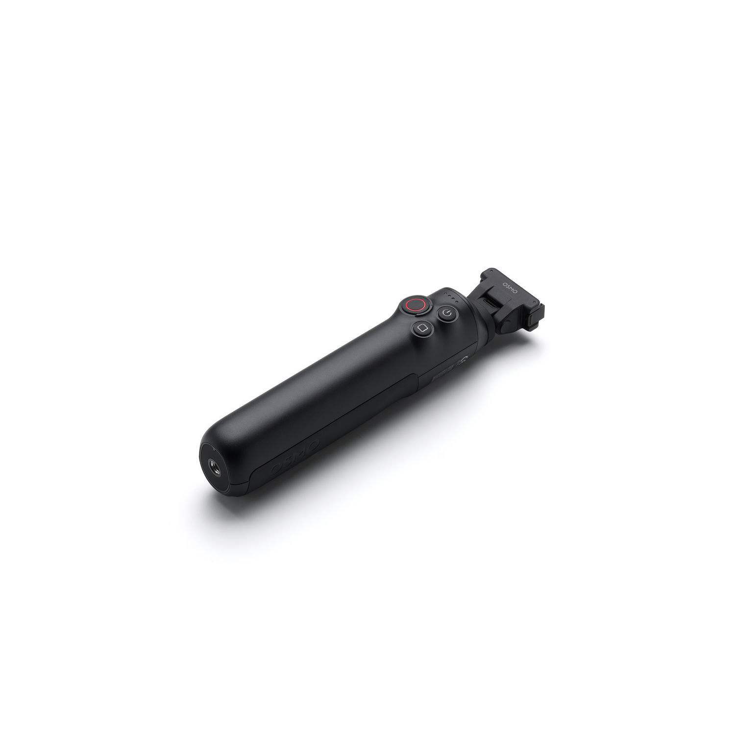 A black Osmo camera on a white background. It has buttons and a red record button. The camera is angled to the upper right.