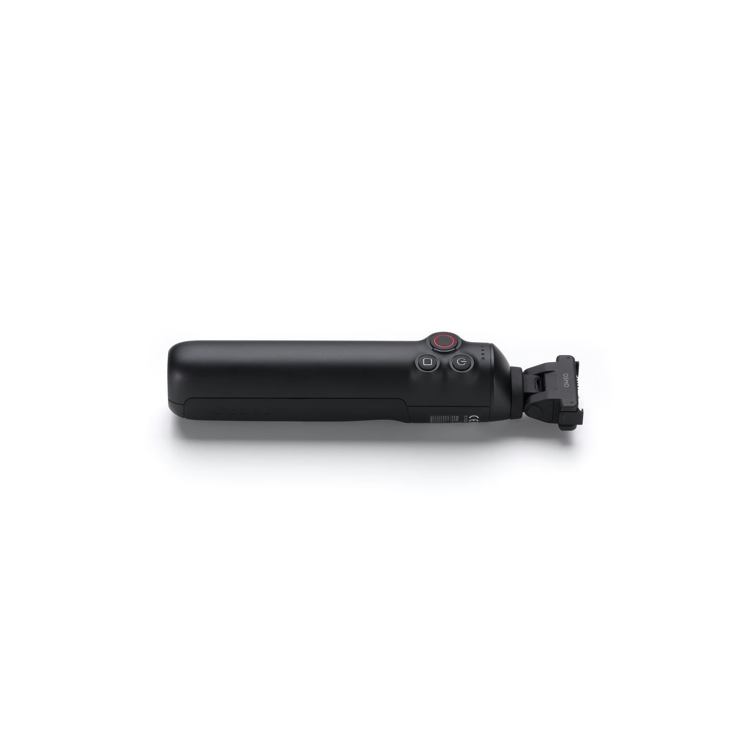 A black handheld camera with a red button. It lies on a white surface. The lens faces right.