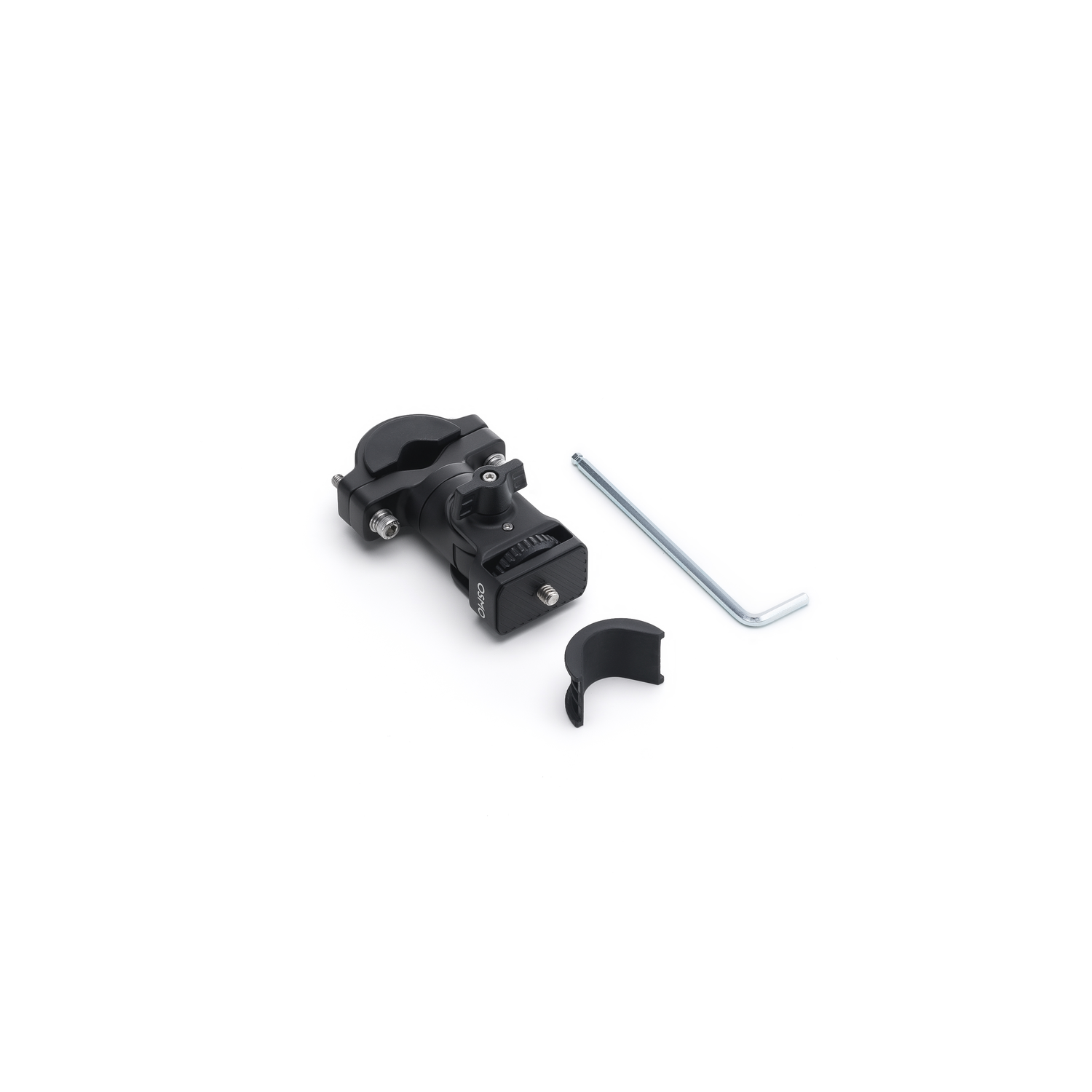 Black camera mount with a small wrench and a curved black piece on a white background.