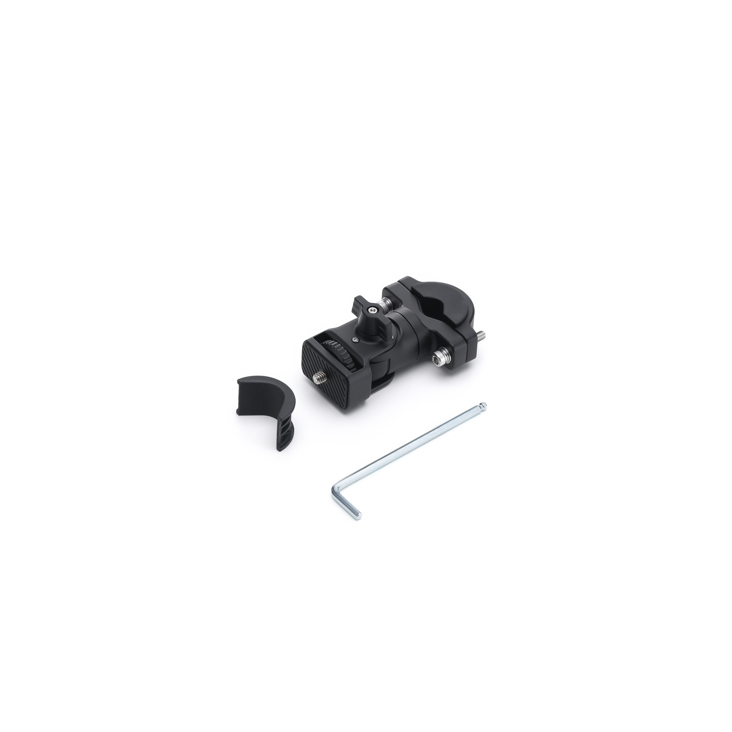 Black camera mount with a detached piece and an Allen wrench, all on a white background.