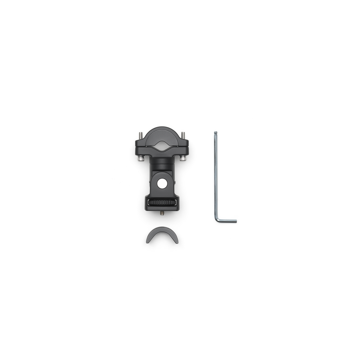 Black metal bicycle part and an L-shaped silver Allen wrench on a white background. Includes a curved piece.