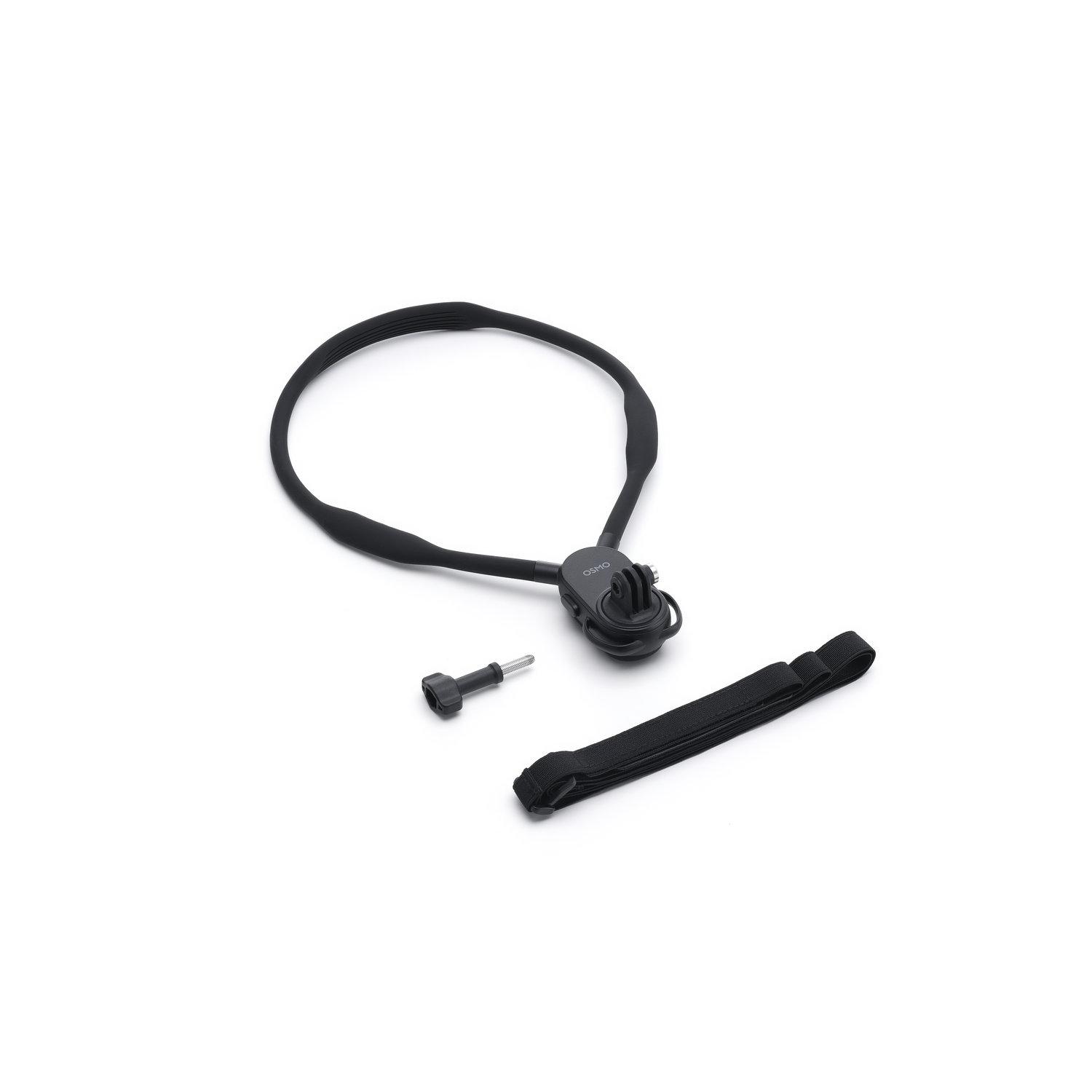 Black Osmo neck mount with accessories: screw, strap, and mount. All items are placed on a white background.