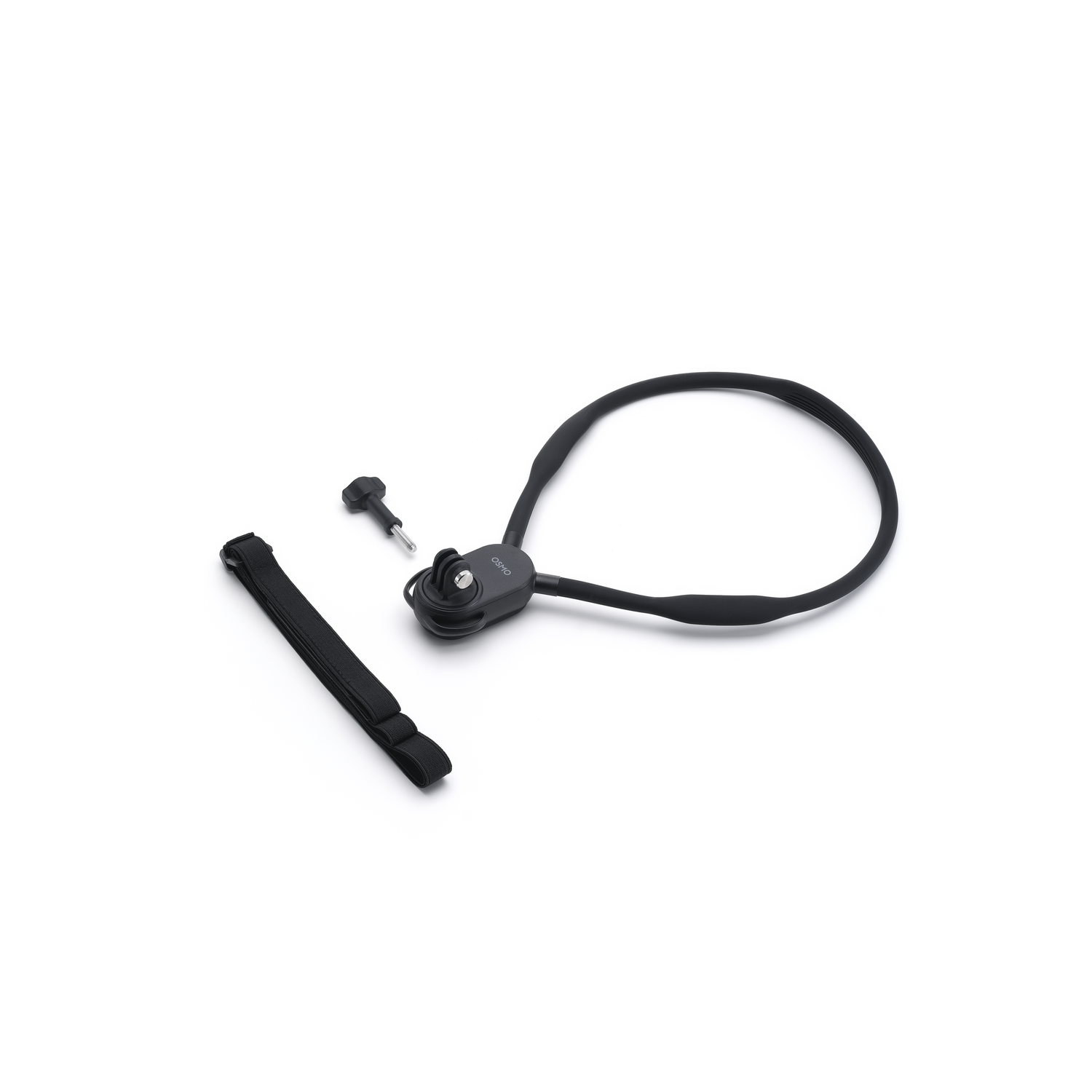 Black camera neck strap set on white background. Includes strap, key, and mount.
