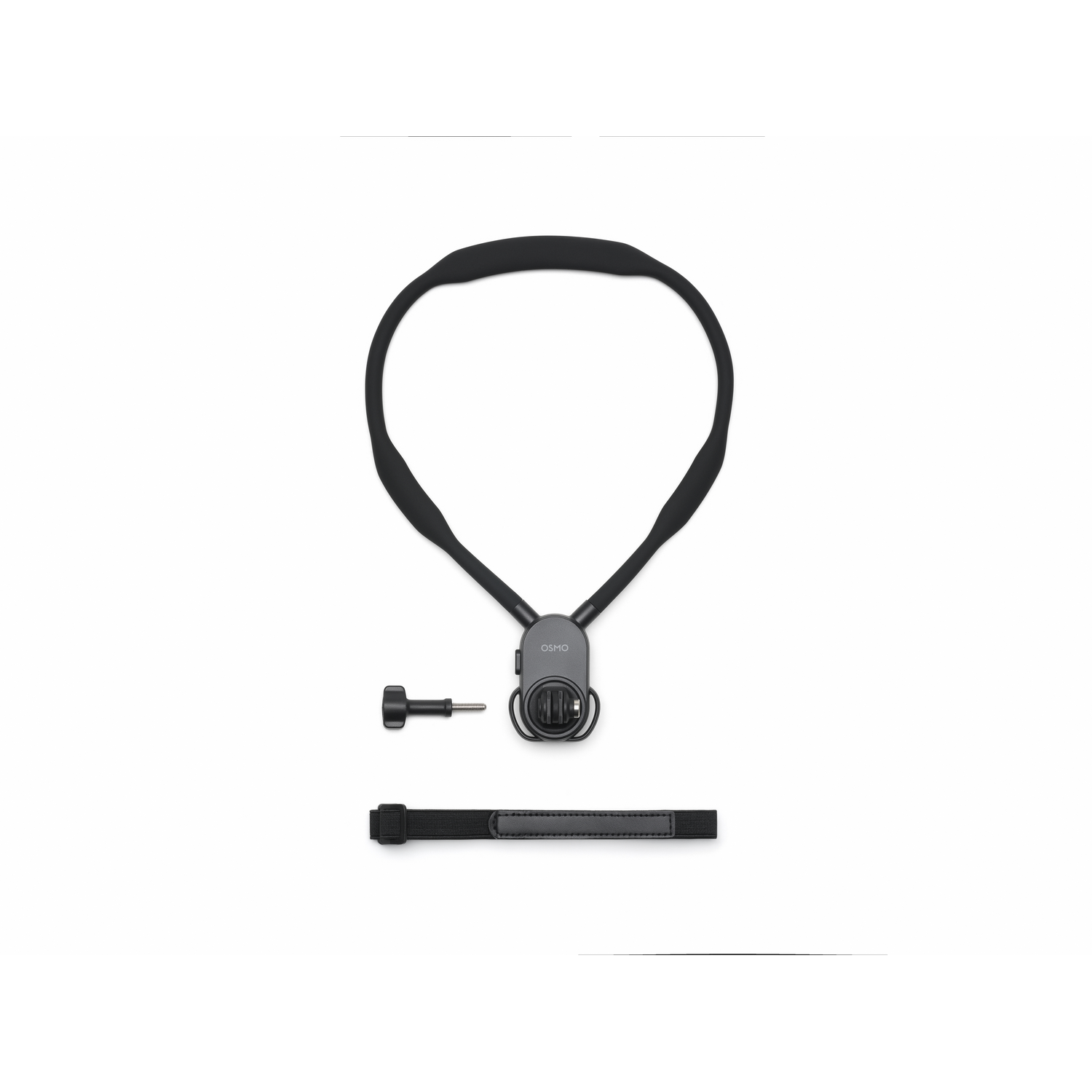 Black Osmo neck mount with three parts: neck strap, screw, and wrist strap. All components are black on a white background.