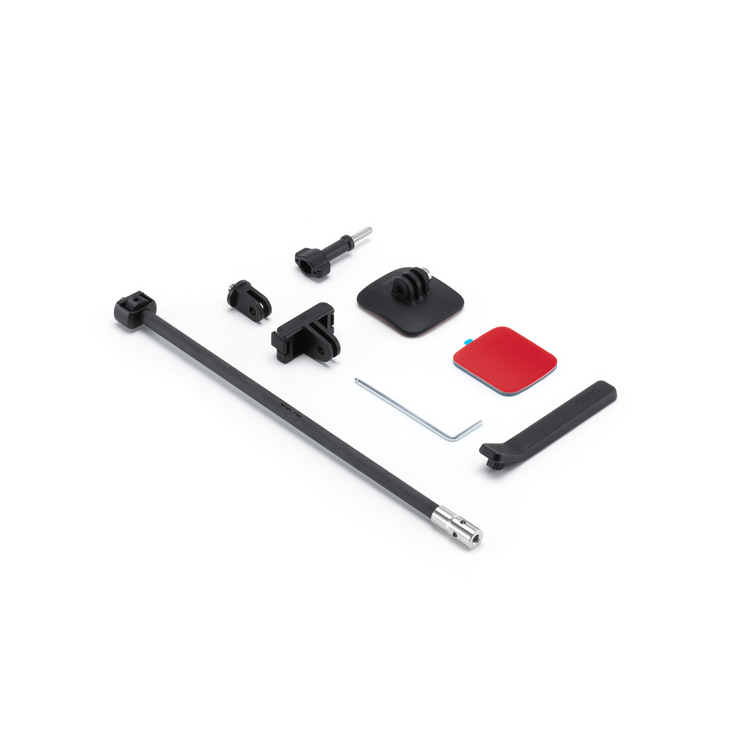 Various black camera accessories on white. Includes a long black pole, mounts, a red adhesive pad, and an allen wrench.