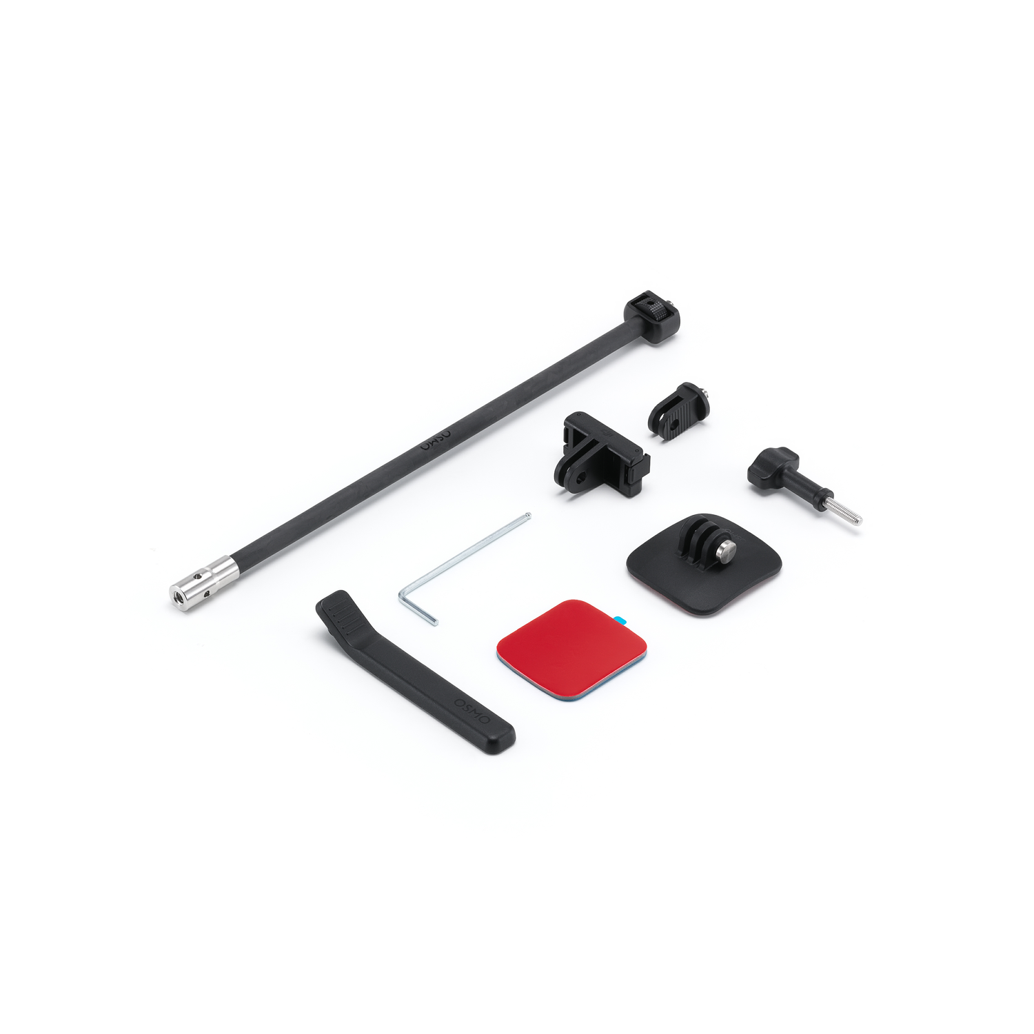 Black and silver camera accessories on white. Includes a long rod, brackets, screws, and a red and blue square.