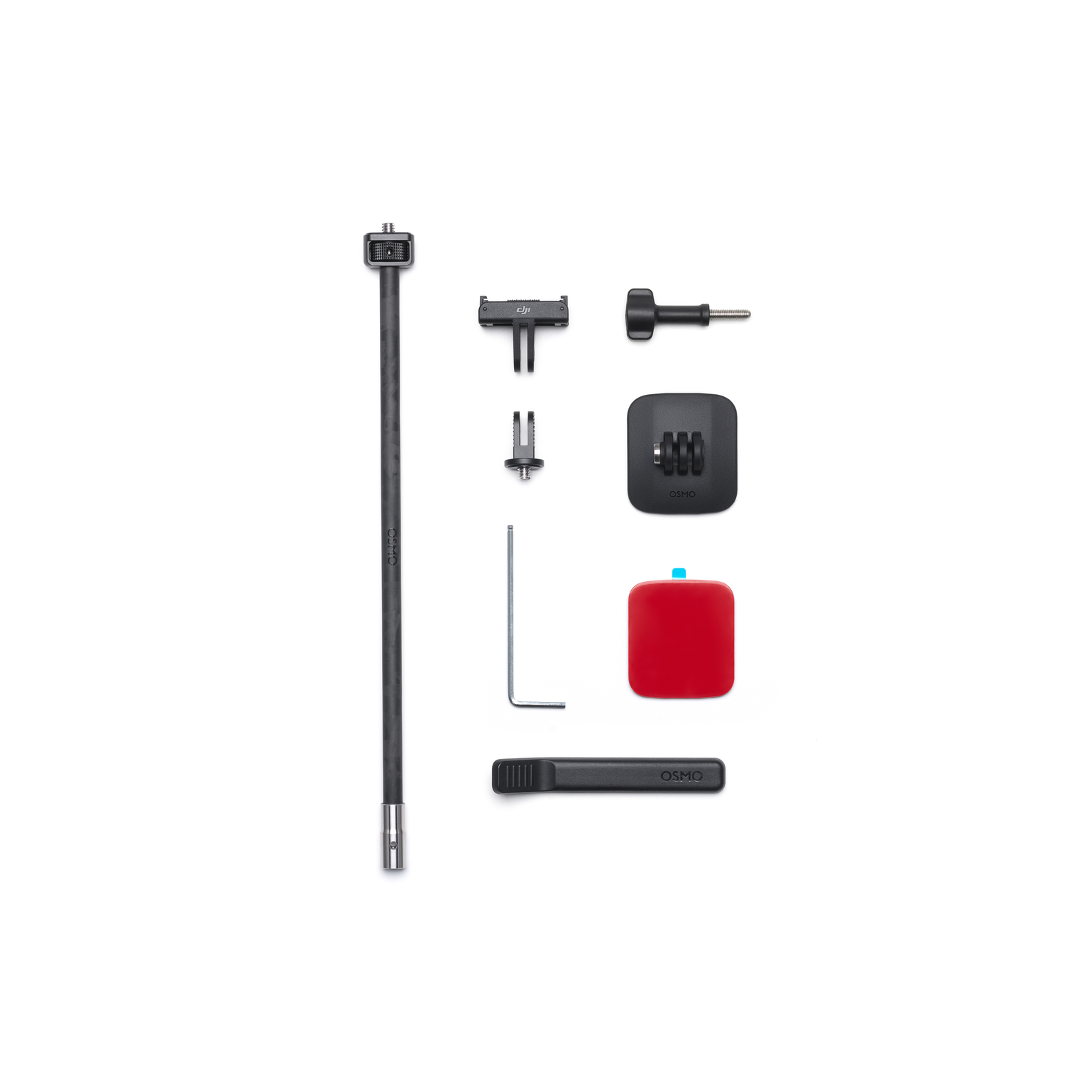 Various black camera accessories, including a pole, brackets, and a red square piece, are arranged on a white surface.