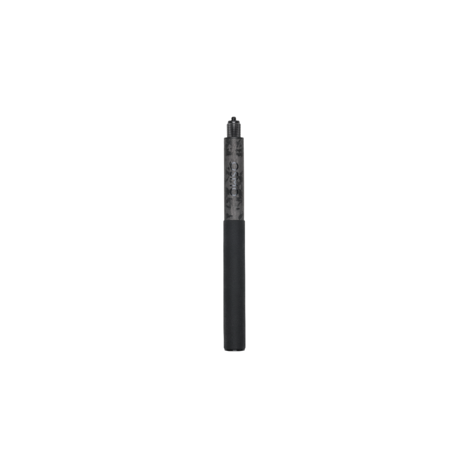 Un stylo vape noir se dresse verticalement sur fond noir. Le stylo a une partie supérieure à motifs et une partie inférieure sombre unie.