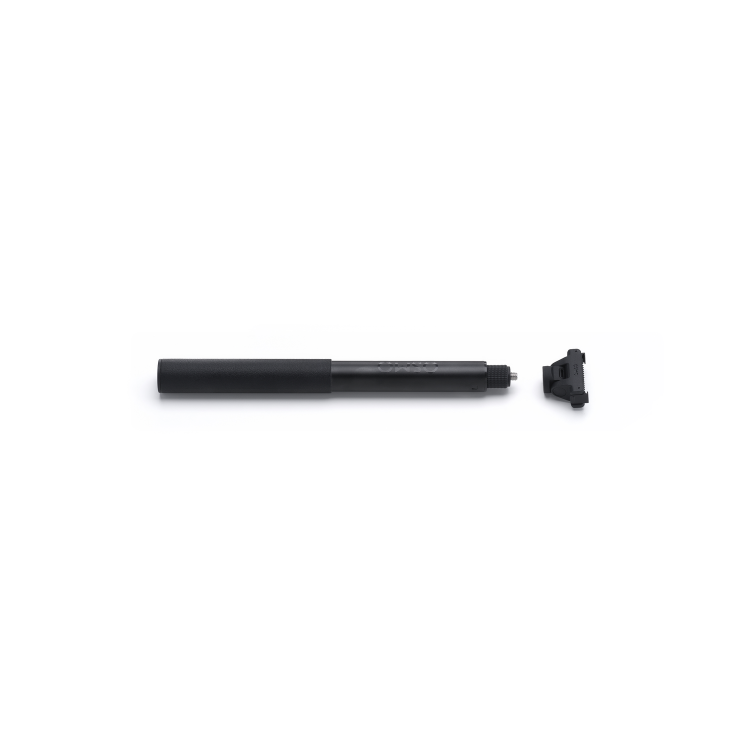 A black Osmo extension rod and a black connector are placed on a white background. The rod is extended.