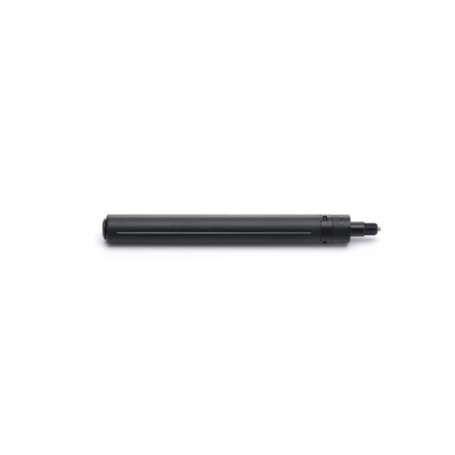 A black cylindrical object, possibly a pen or a tool, rests horizontally against a white background. The object is centered.
