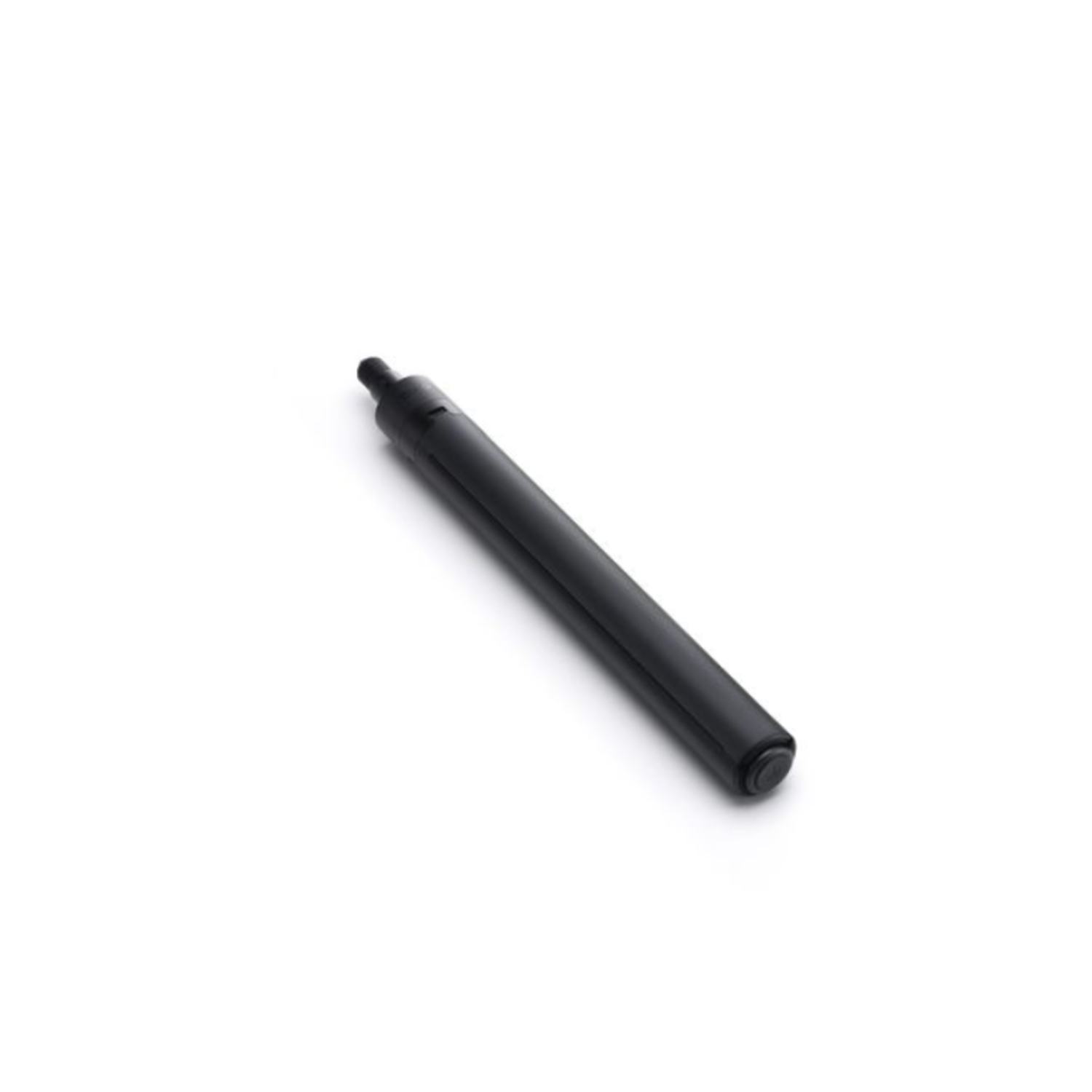 A black, cylindrical object resembling an e-cigarette is diagonally placed on a white background. The object has a rounded tip.