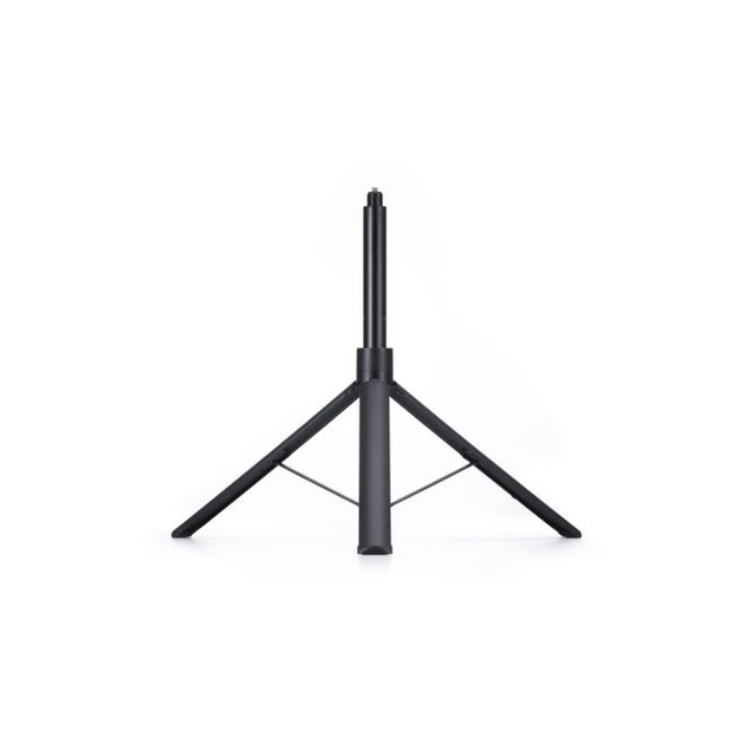 A black tripod, composed of three legs and a central column, is set against a white background. The tripod is sturdy and upright.