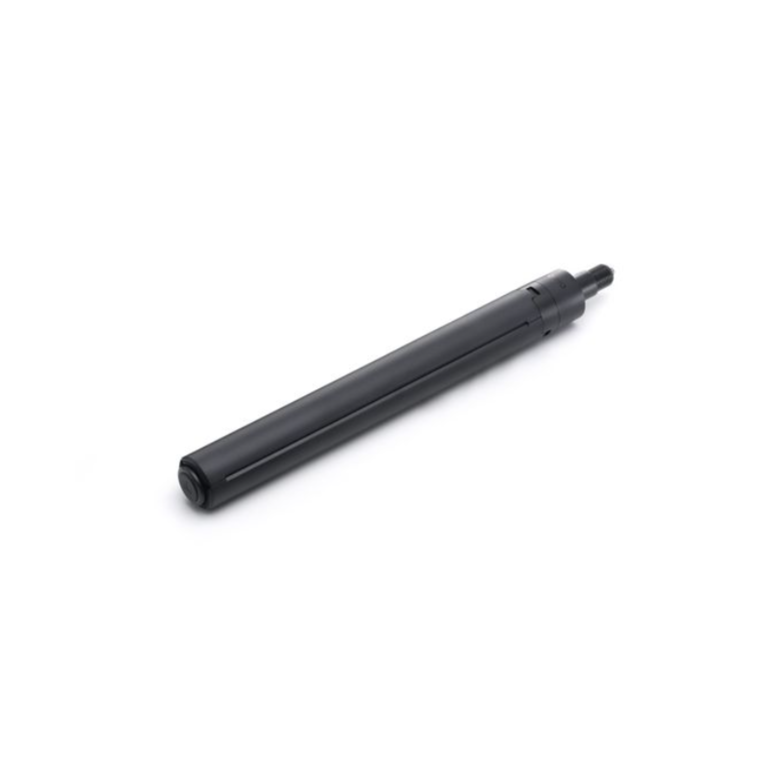 A black cylindrical object, possibly a pen or tool, lies diagonally against a white background. It has a rounded tip and a sleek design.