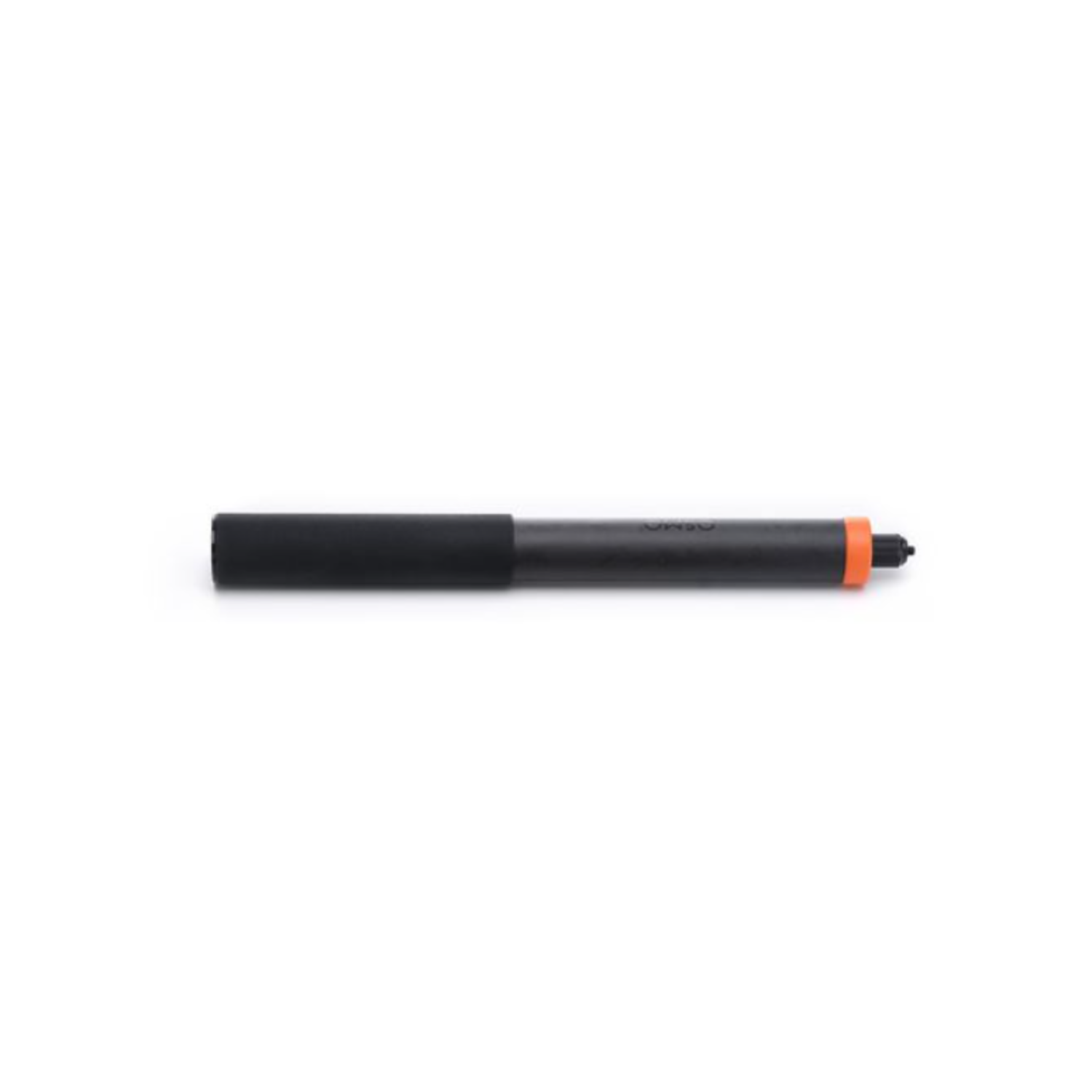 A black and gray cylindrical device, possibly a camera stabilizer, lies horizontally against a white background. Orange accent is visible.