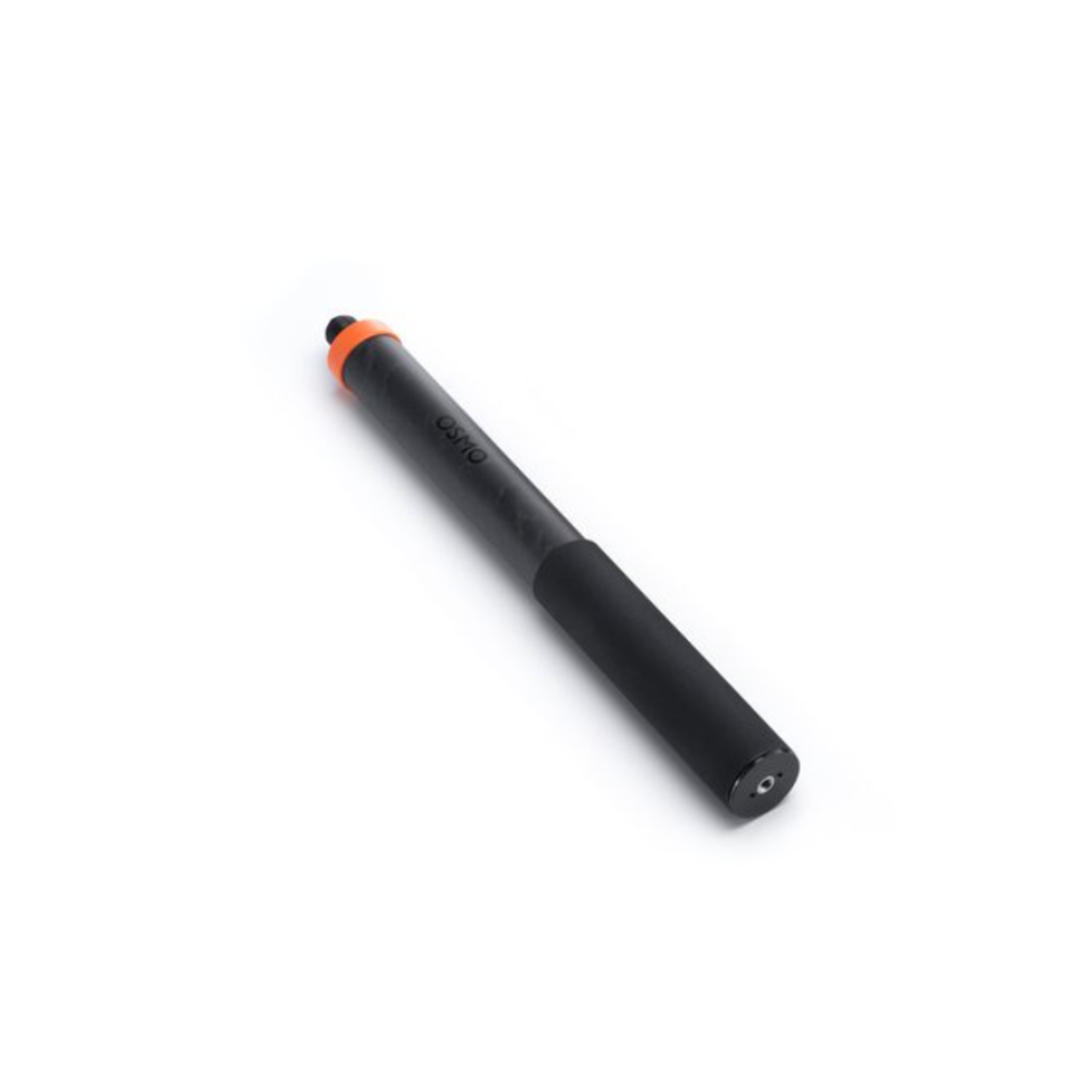 A black Osmo camera stabilizer with orange accents, lying diagonally on a white surface. The handle is black, and the top is orange.