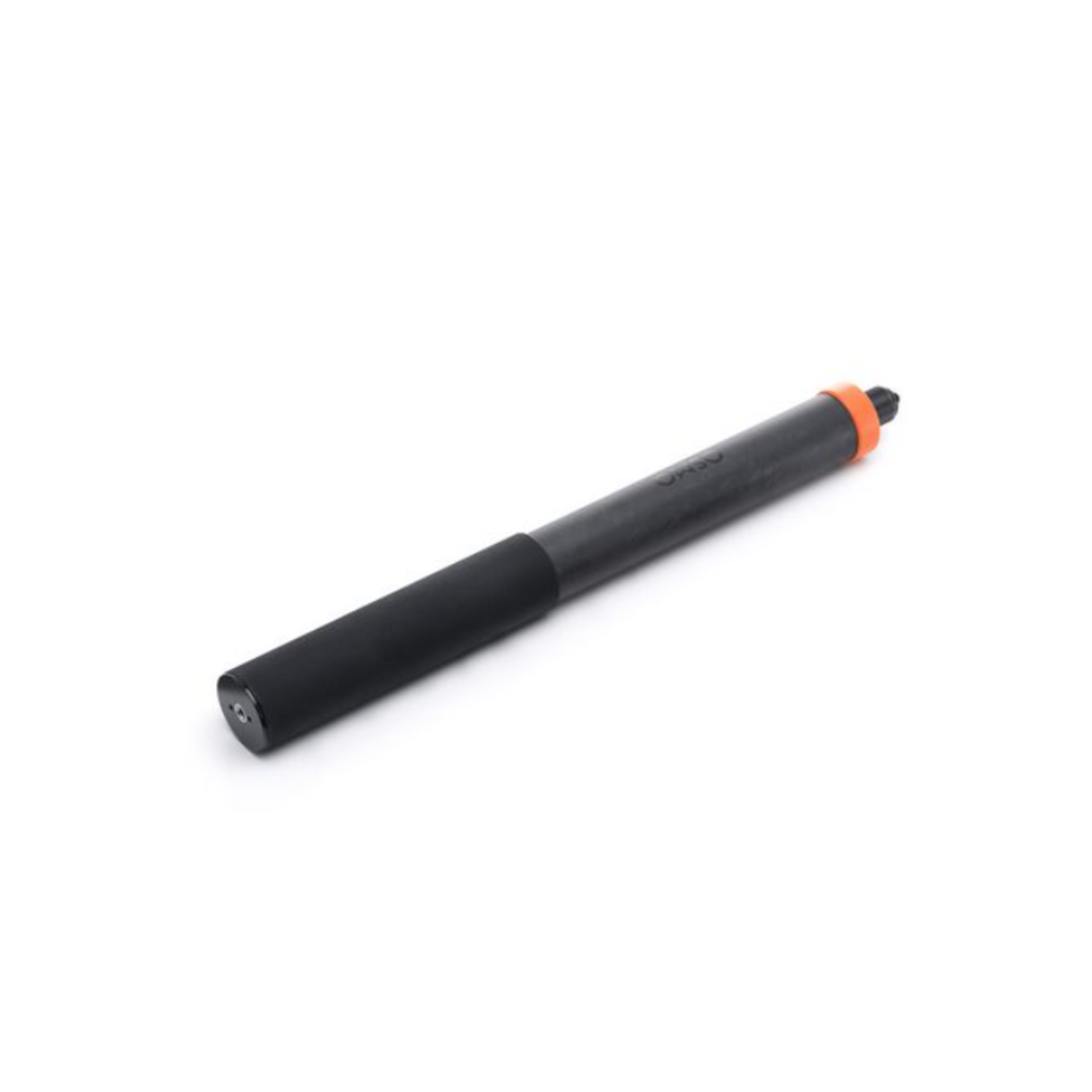 A black and gray cylindrical object, possibly a camera accessory, with an orange ring at one end. The background is white.