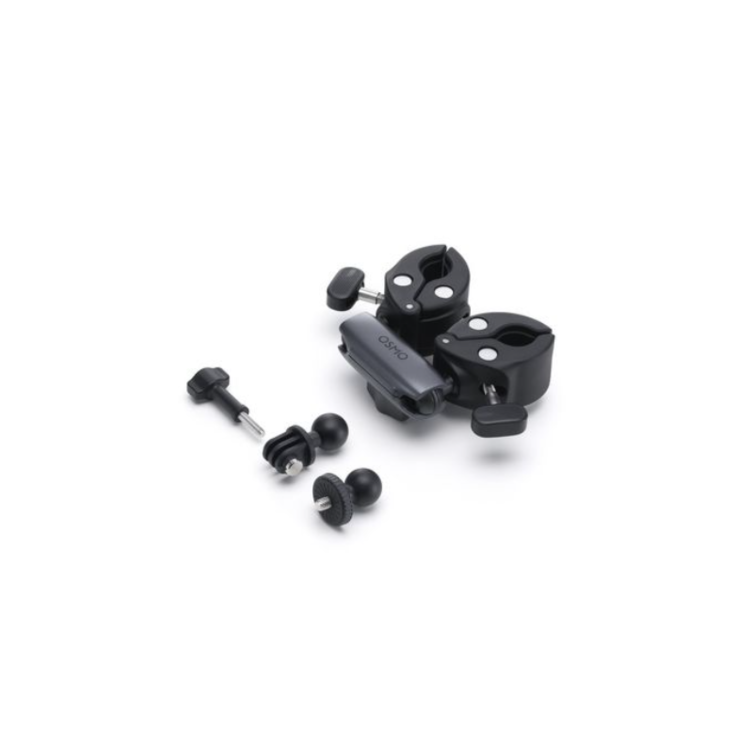 Black camera accessories set on white background. Includes clamps, ball joints, and screws.  OSMO logo visible on a piece.