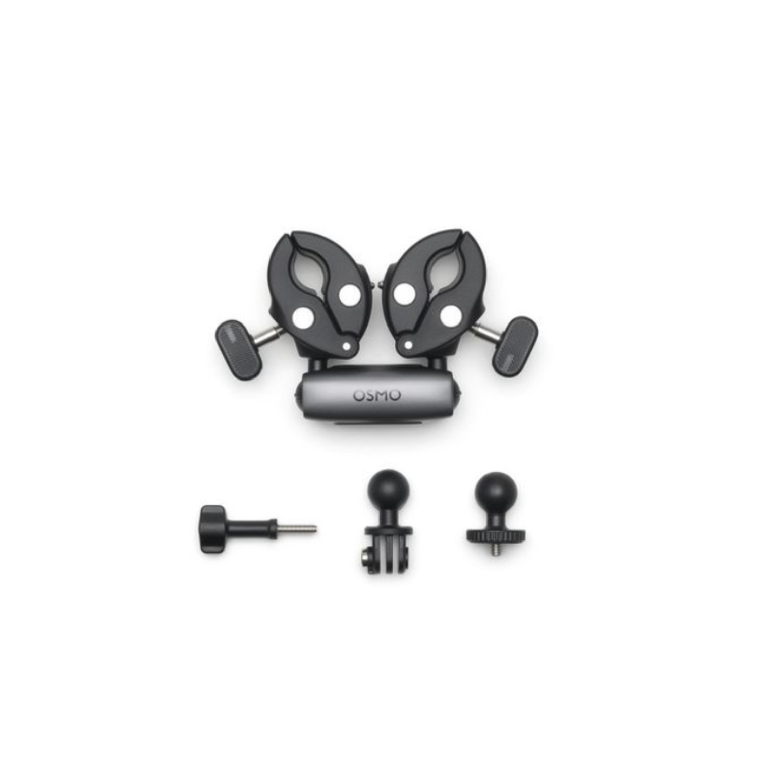 Black Osmo camera mount kit with two clamps, a connector, and two ball heads on a white background.