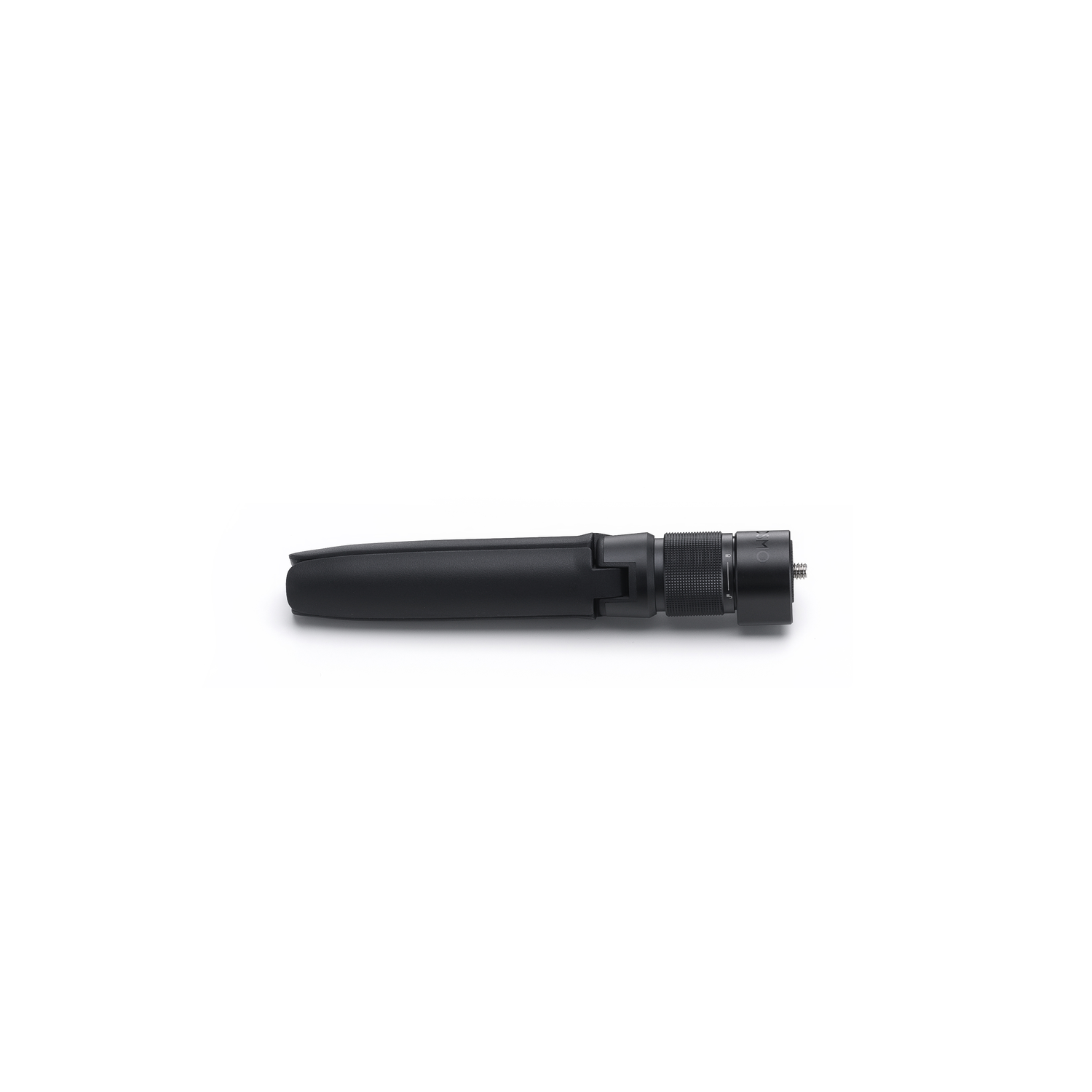 A black, handheld tripod lies horizontally against a white background. It features a handle and a screw mount for a camera.