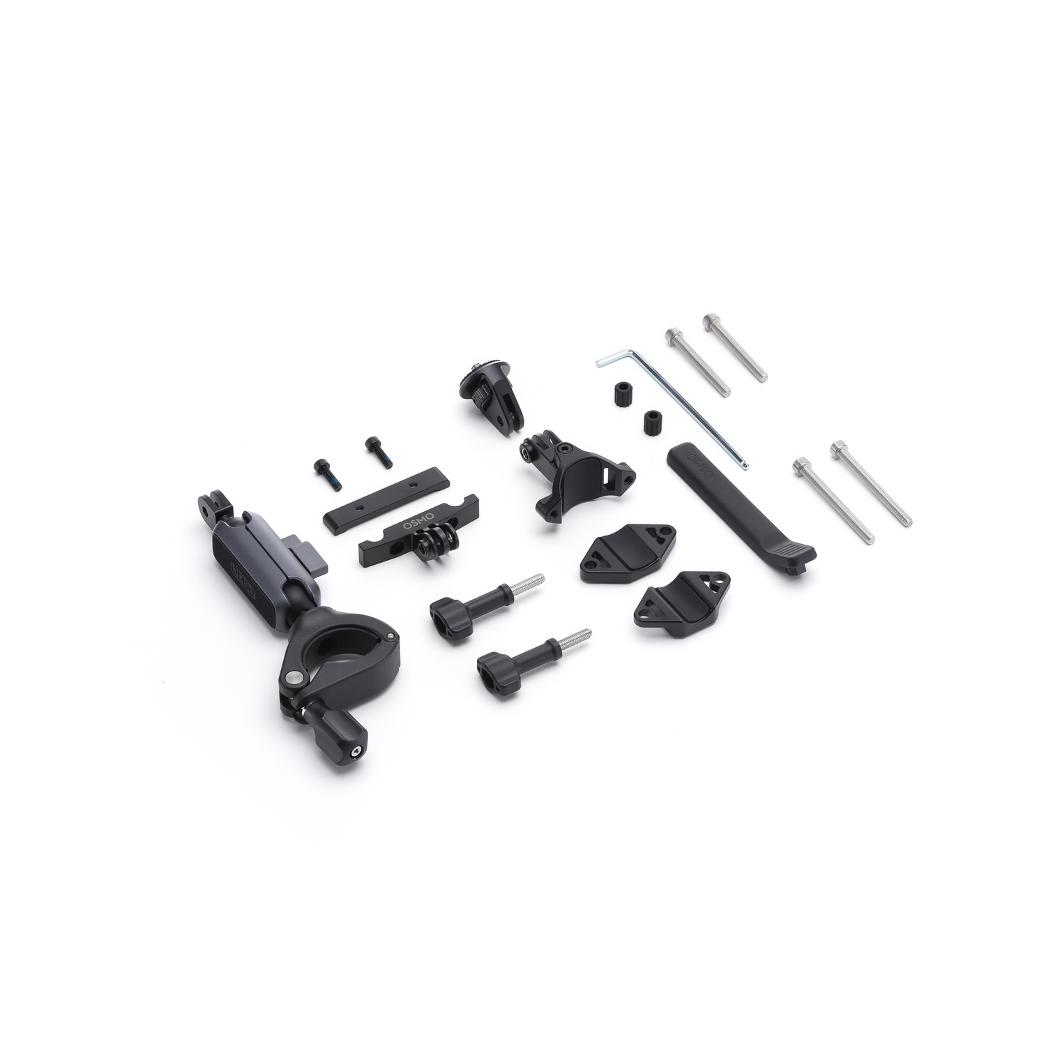 Various black camera mounting accessories are arranged on a white background. They include clamps, screws, and brackets.