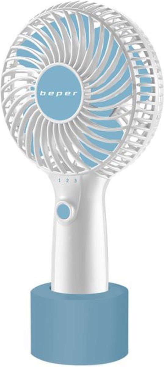 Een witte en blauwe Beper handventilator. De ventilator heeft een ronde kop met een blauw midden en witte bladen. De basis is blauw.