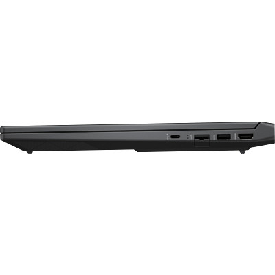Seitenansicht eines dunkelgrauen Laptops. Sichtbare Anschlüsse sind USB-C, SD-Kartenleser und HDMI. Der Laptop ist geschlossen.