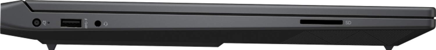 Seitenansicht eines schwarzen Laptops. Sichtbare Anschlüsse sind Strom, USB, Kopfhöreranschluss und ein SD-Kartensteckplatz.