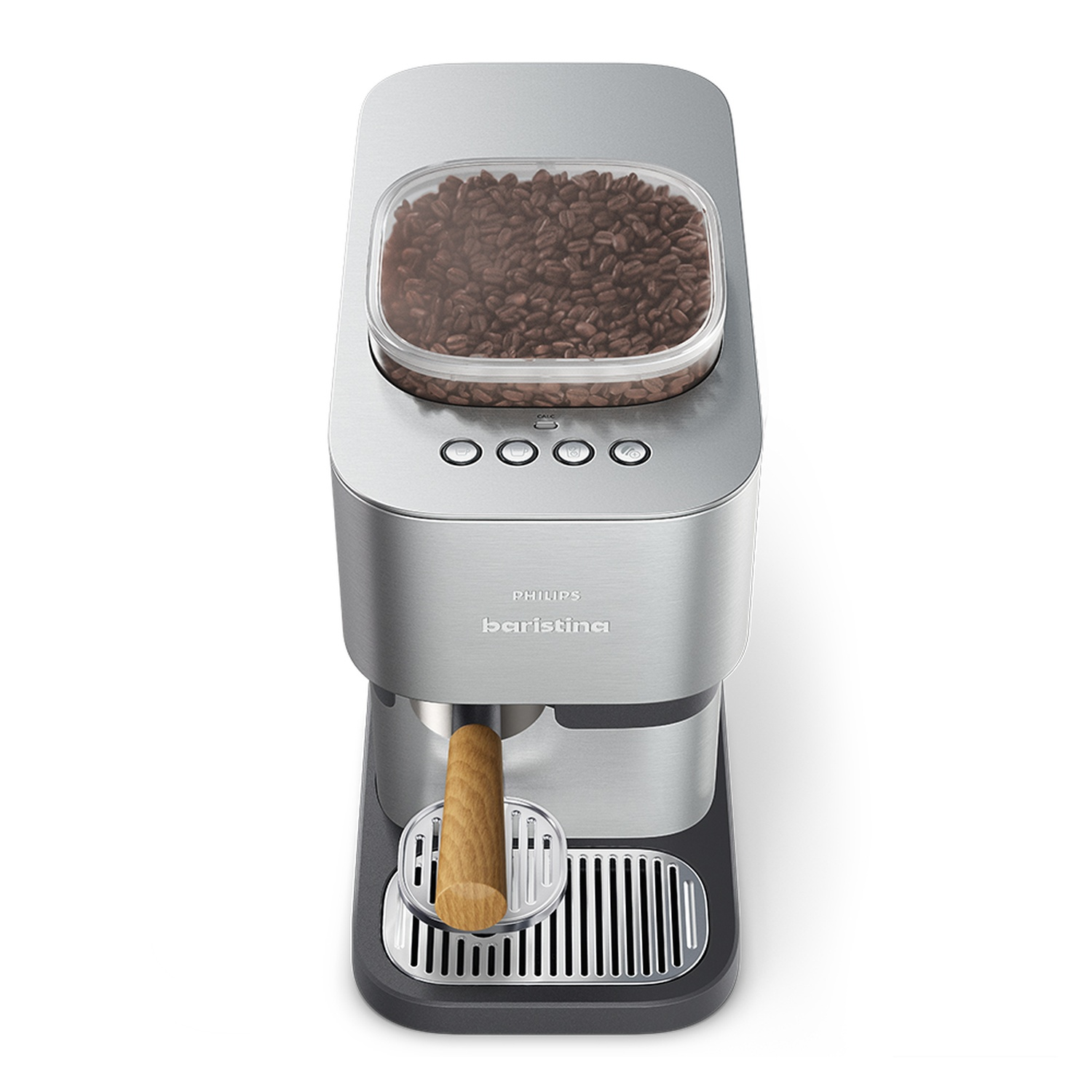 Une machine à café Philips Baristina argentée avec des grains de café dans un récipient transparent. Une poignée en bois en bas.