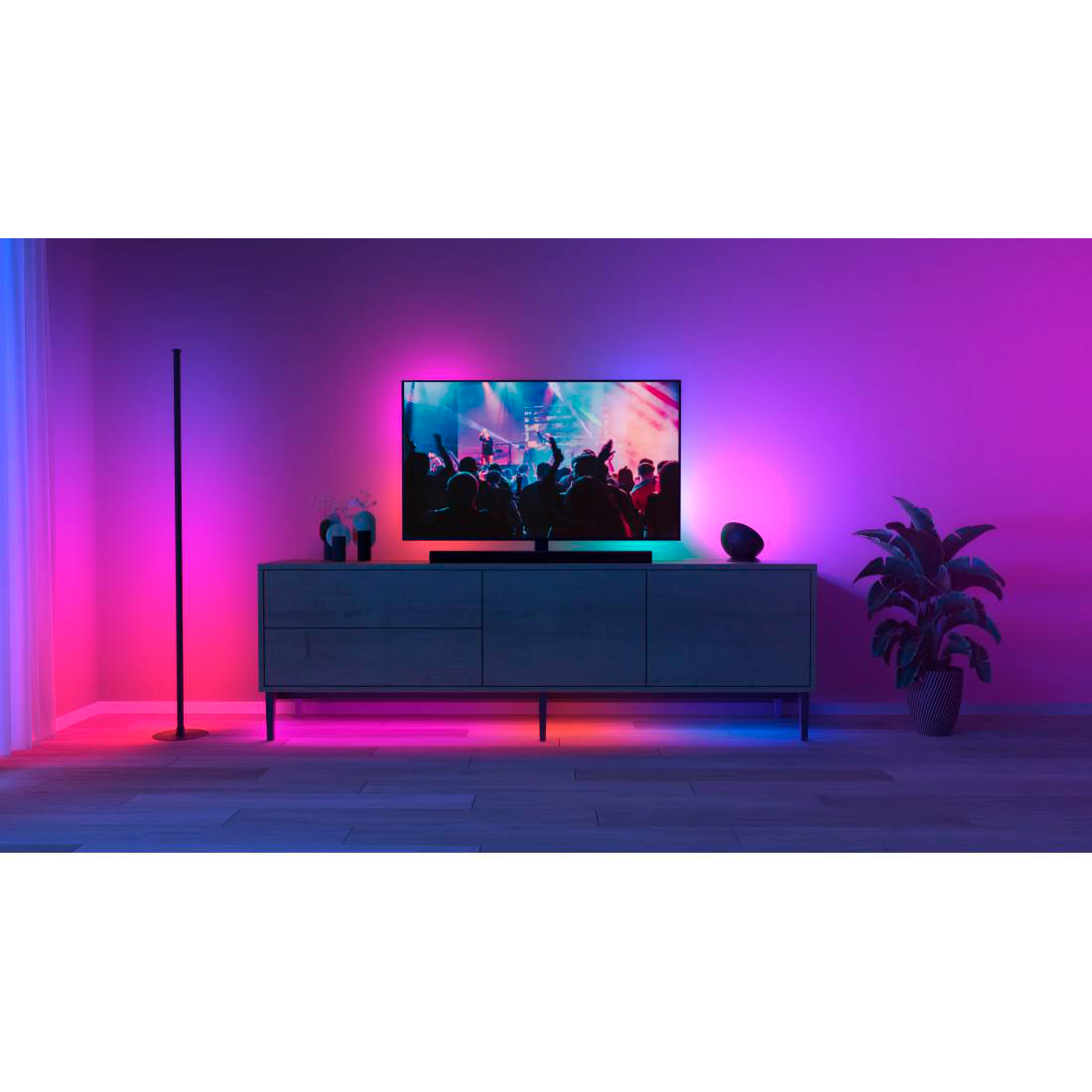 Ein Wohnzimmer mit einem Fernseher, der ein Konzert zeigt. Es gibt ein Sideboard, eine Stehlampe und eine Topfpflanze. Der Raum ist farbenfroh beleuchtet.