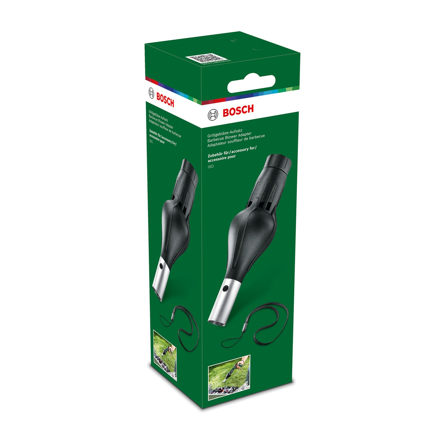Una scatola verde con il logo Bosch contiene due adattatori per soffiatore per barbecue neri. La scatola ha testo in più lingue.