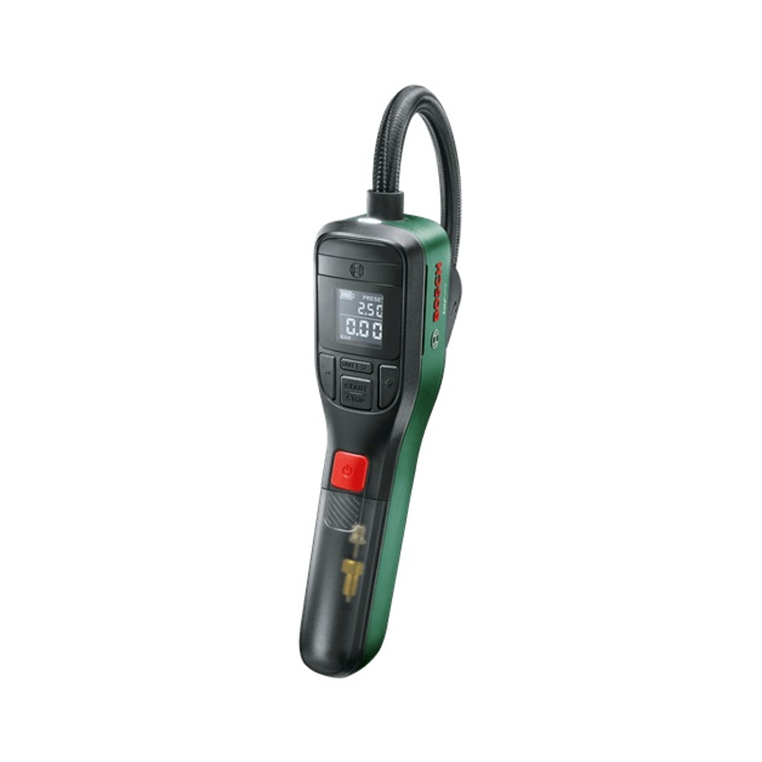 Un gonfiatore digitale per pneumatici Bosch nero e verde. Ha un display digitale, un pulsante di avvio rosso e un tubo flessibile.