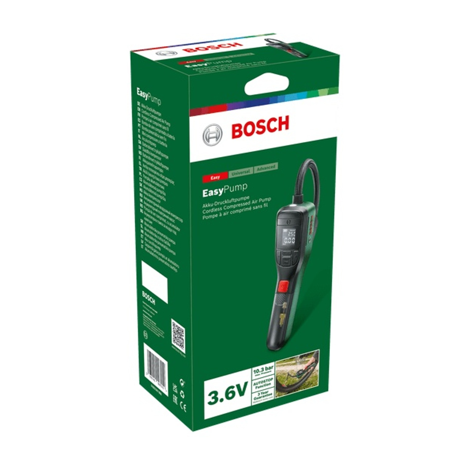 Una scatola verde e bianca con una Bosch EasyPump. La pompa è nera e rossa. La scatola contiene testo in più lingue.