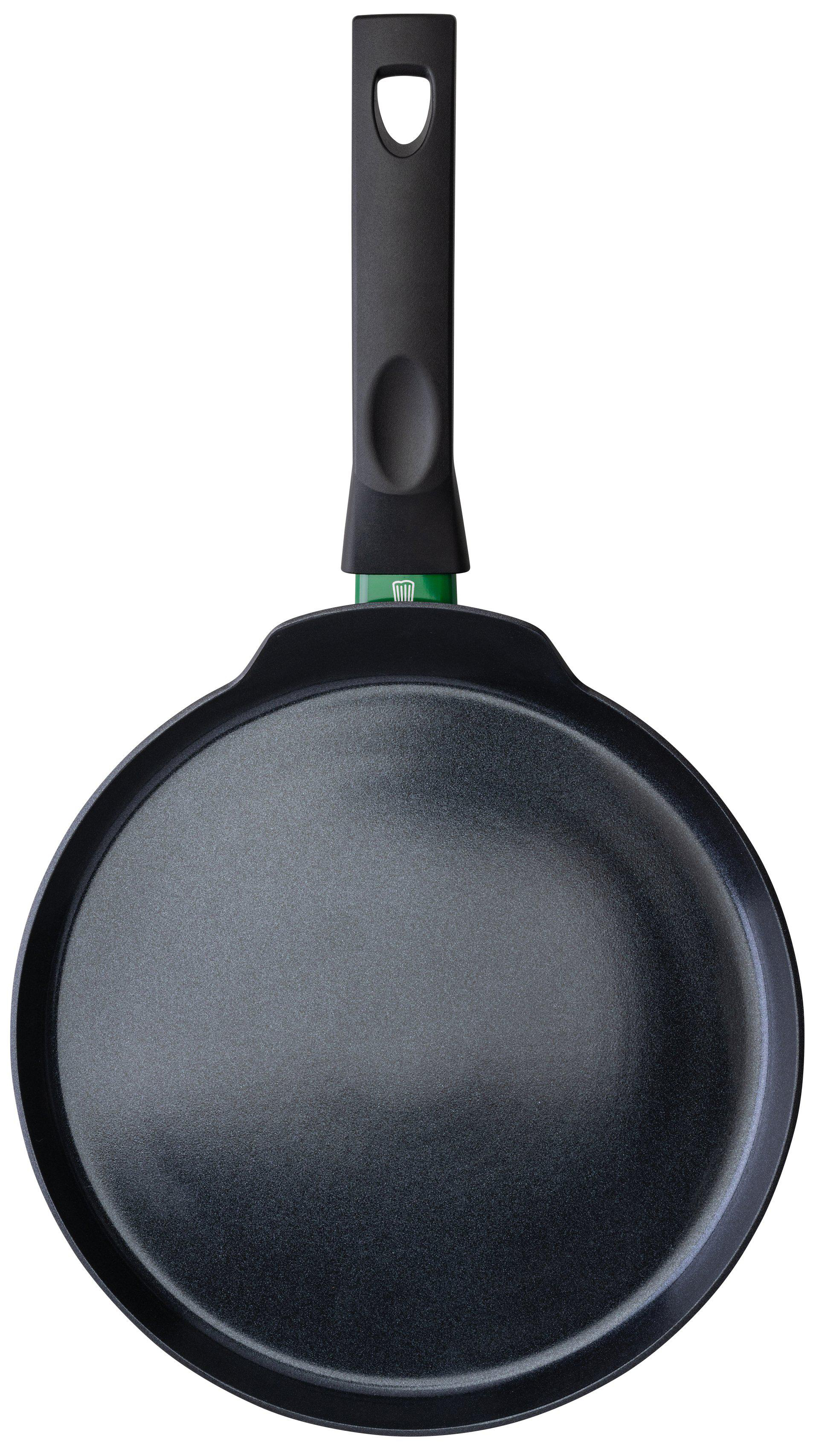 Eine schwarze Bratpfanne mit langem Griff. Die Pfanne ist oval geformt. Der Griff hat ein Loch zum Aufhängen.