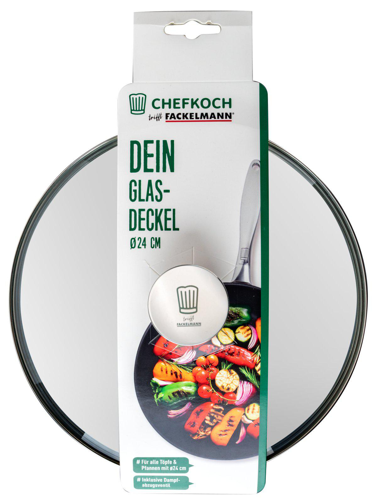 Ein Glasdeckel mit Metallrand wird auf weißem Hintergrund gezeigt. Der Deckel ist Teil einer Verpackung mit Kochgemüse.