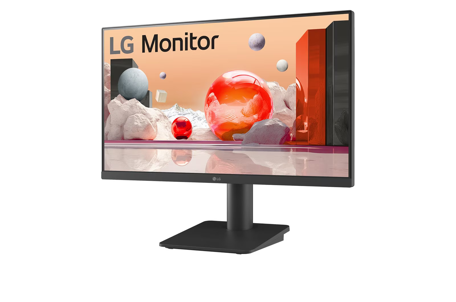 Egy LG monitor egy absztrakt képet jelenít meg vörös, szürke és fehér színű gömbökről és formákról. Fekete állványon áll.