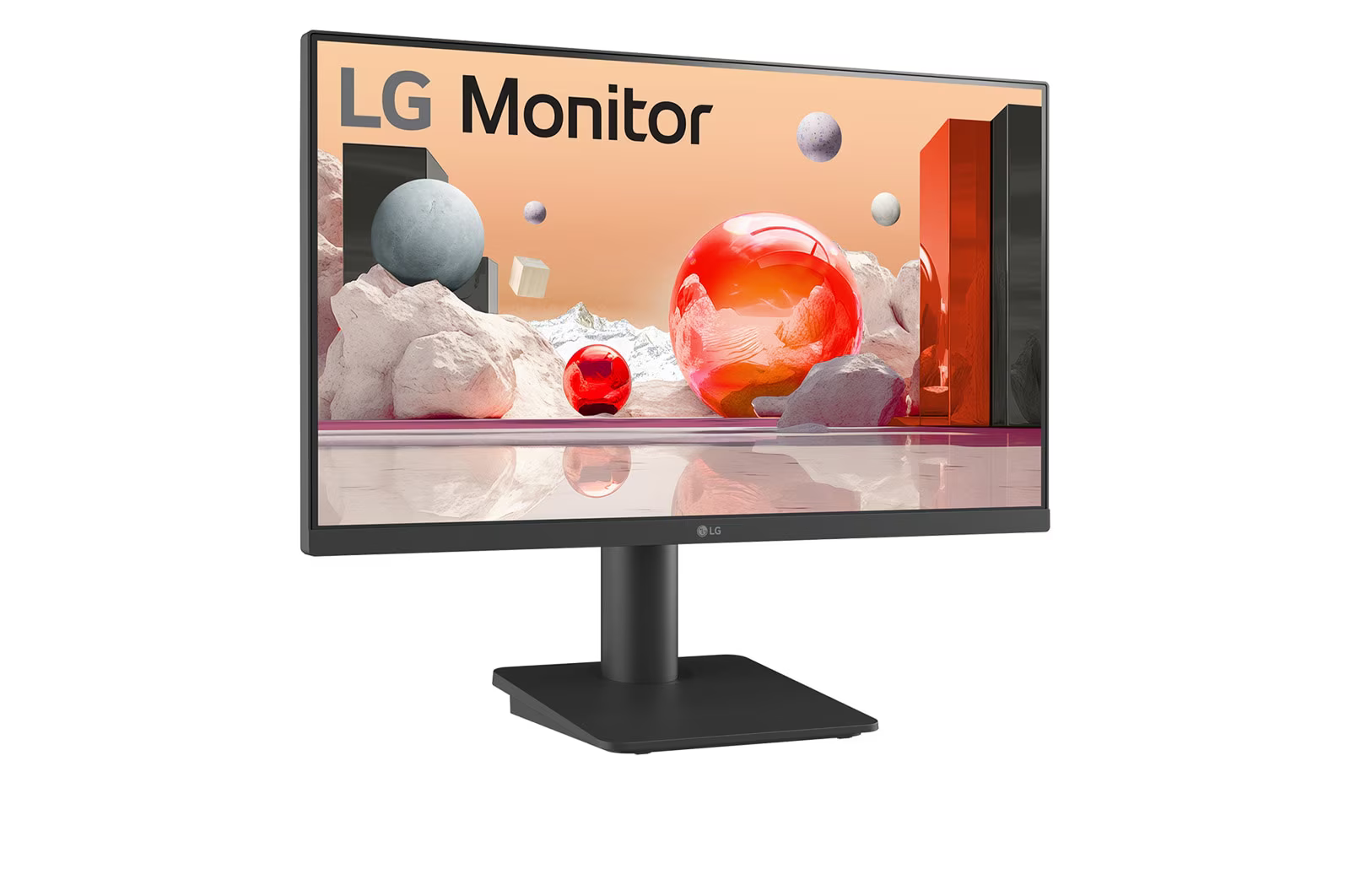 Az LG monitor absztrakt művészetet jelenít meg gömbökkel és formákkal. Fekete állványon áll. A háttér fehér.