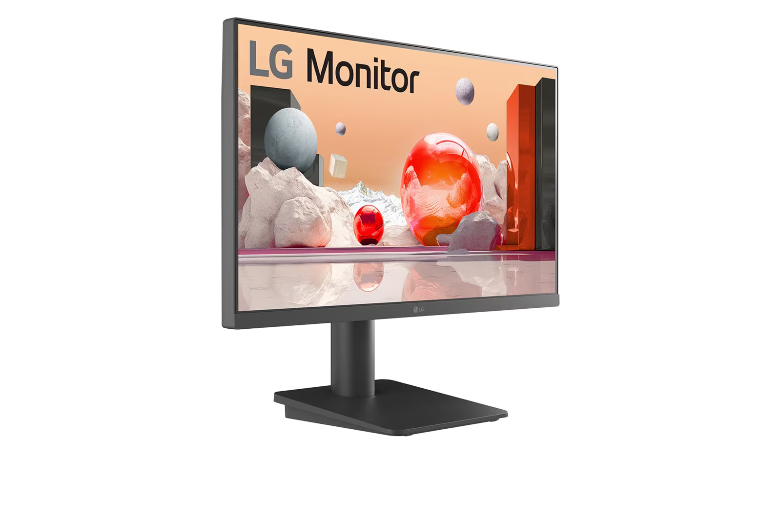 Egy LG monitor egy absztrakt jelenetet jelenít meg gömbökkel és geometriai formákkal. A monitor fekete, fehér háttéren.