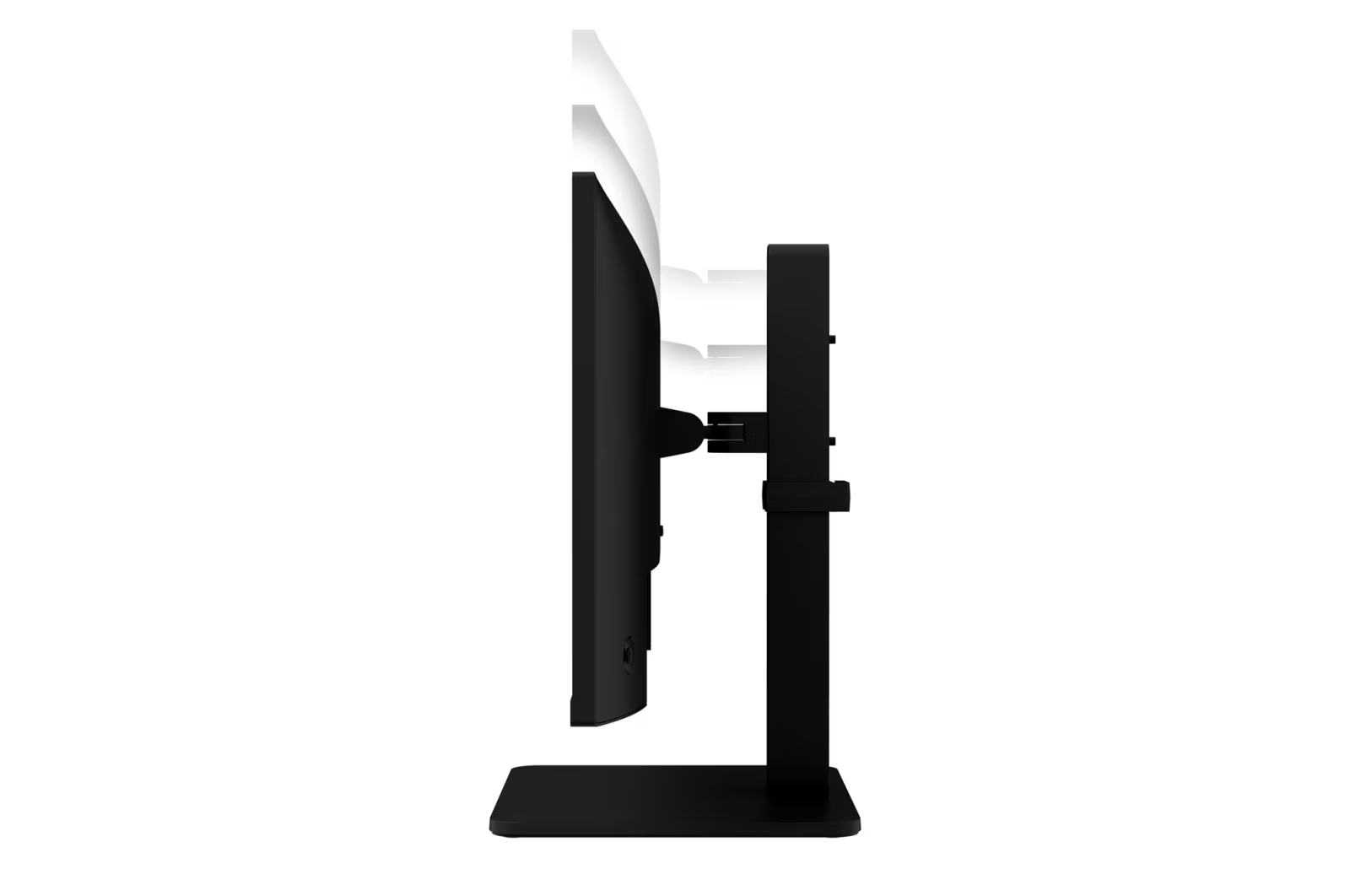 Egy fekete számítógép monitor profil nézetben. A monitor egy fekete állványon van. Fehér háttér.