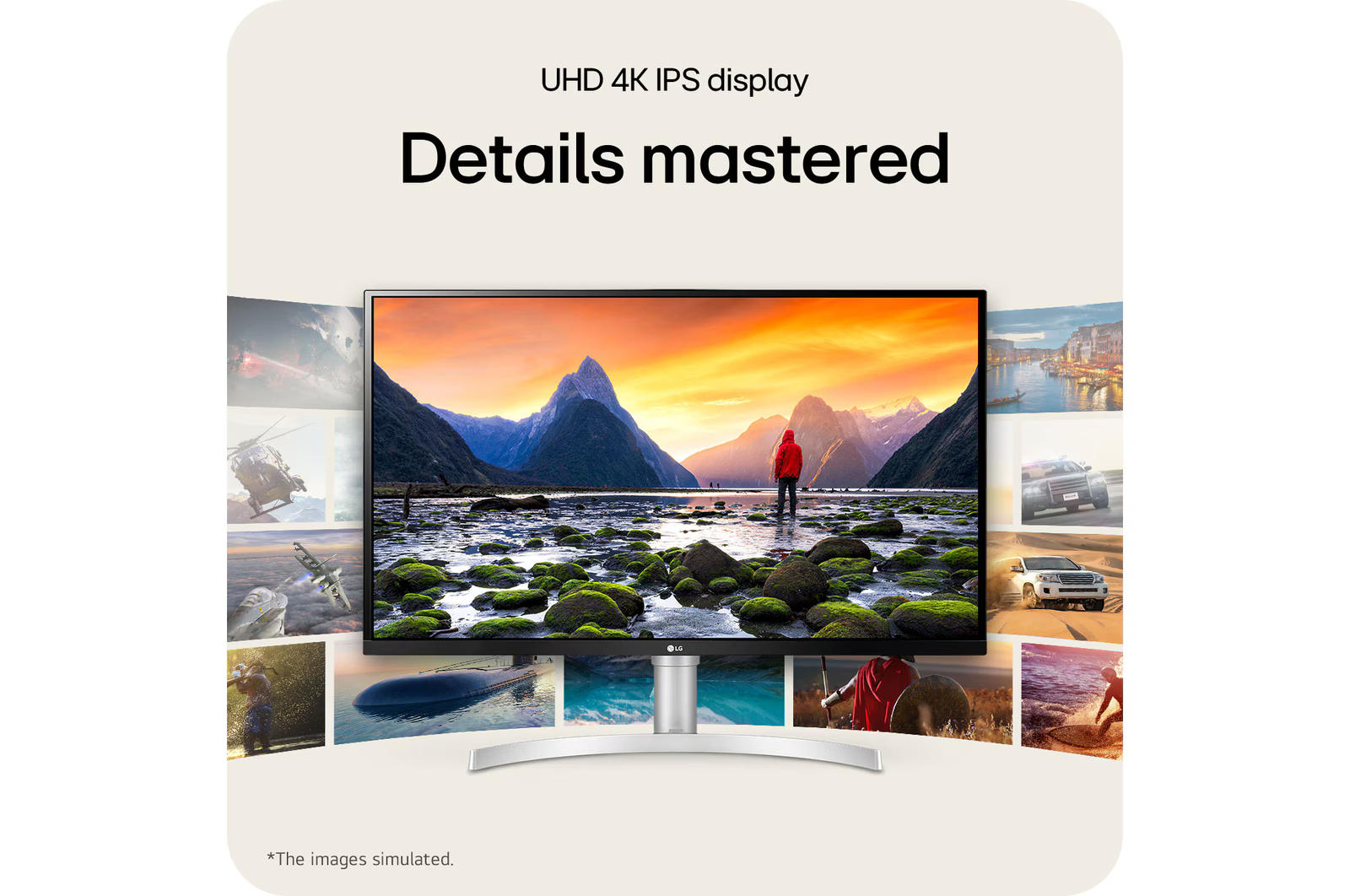 LG monitor egy személyt ábrázoló festői tájat jelenít meg. Körülötte különféle képek. Szöveg: A részletek mesterei.