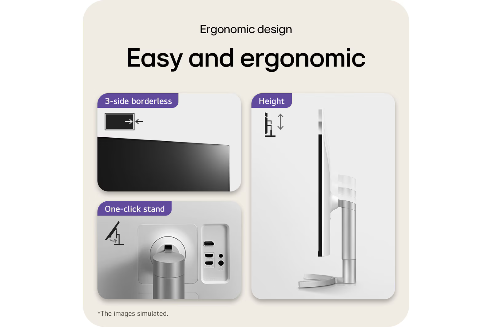 A képen egy ergonomikus kialakítású monitor látható. 3 oldalas keret nélküli, egykattintásos állvánnyal és magasságállítással rendelkezik.