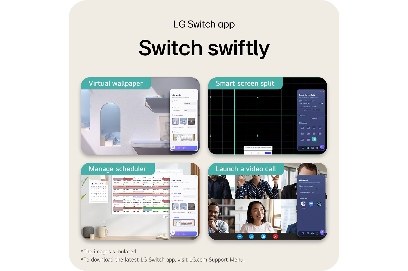 Az LG Switch alkalmazás bemutatja a funkciókat: virtuális háttérkép, intelligens képernyőmegosztás, ütemező kezelése, videohívás indítása.