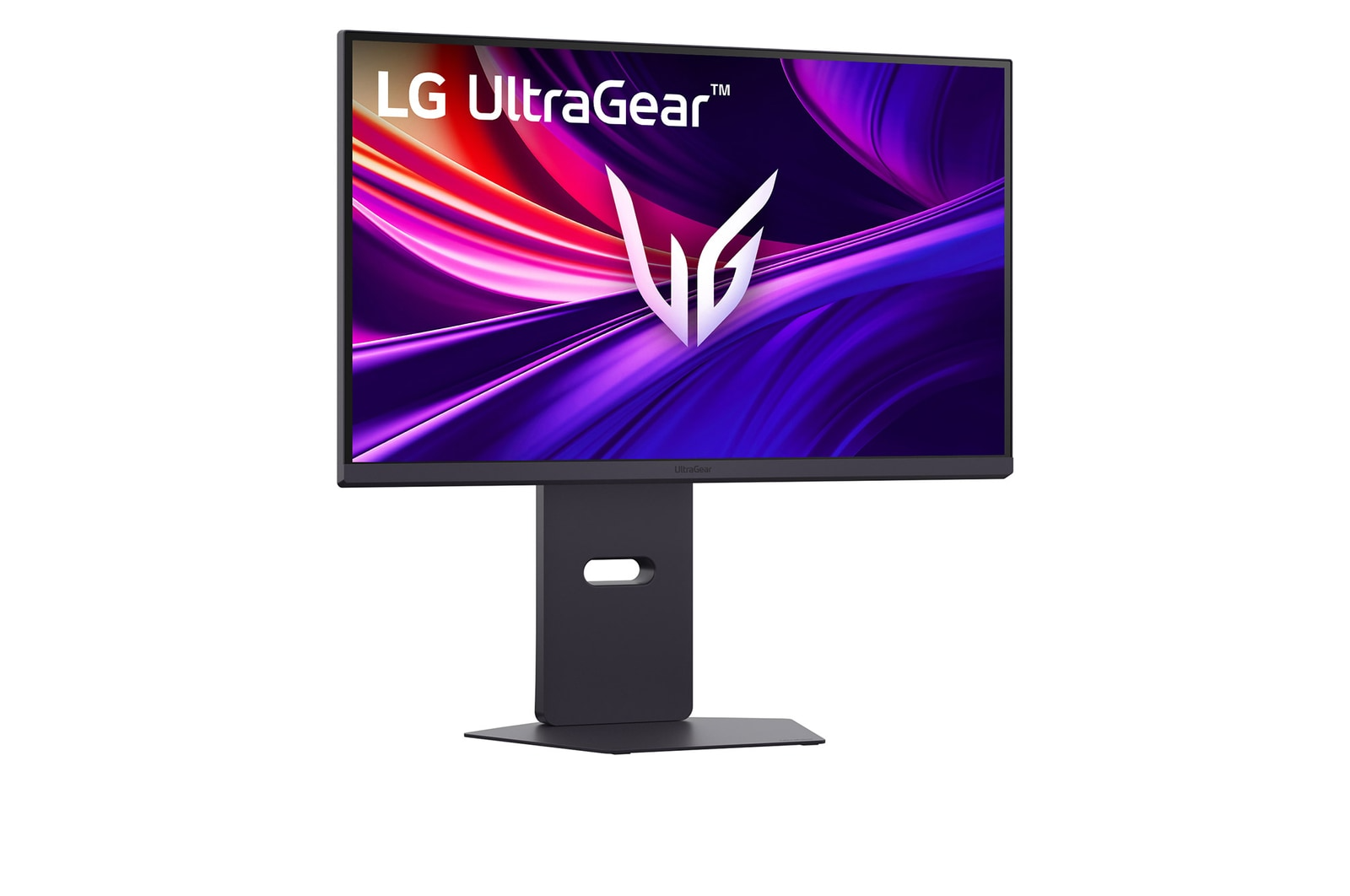 LG UltraGear monitor fehér háttérrel. A kijelző absztrakt lila és piros dizájnt mutat. A tartó sötétszürke.