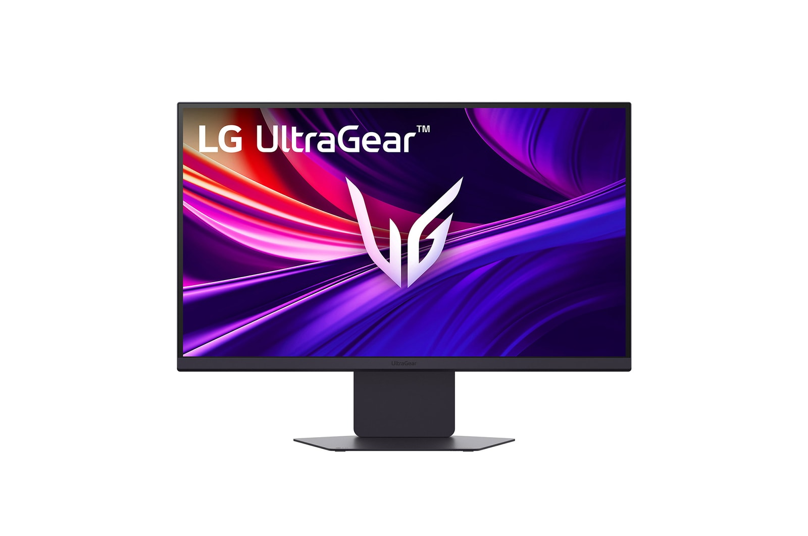 LG UltraGear monitor. A képernyő élénk, absztrakt dizájnt jelenít meg rózsaszín, lila és fehér színekkel. A monitor fekete állványon van.